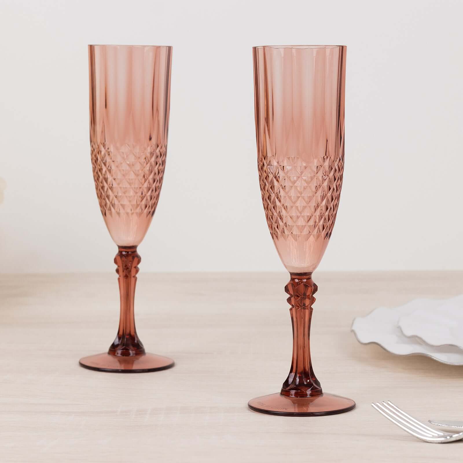 Hot Deal! 6-Pack Reusable 8oz Dusty Rose Plastic Champagne Toast Flutes with Crystal Cut Style
