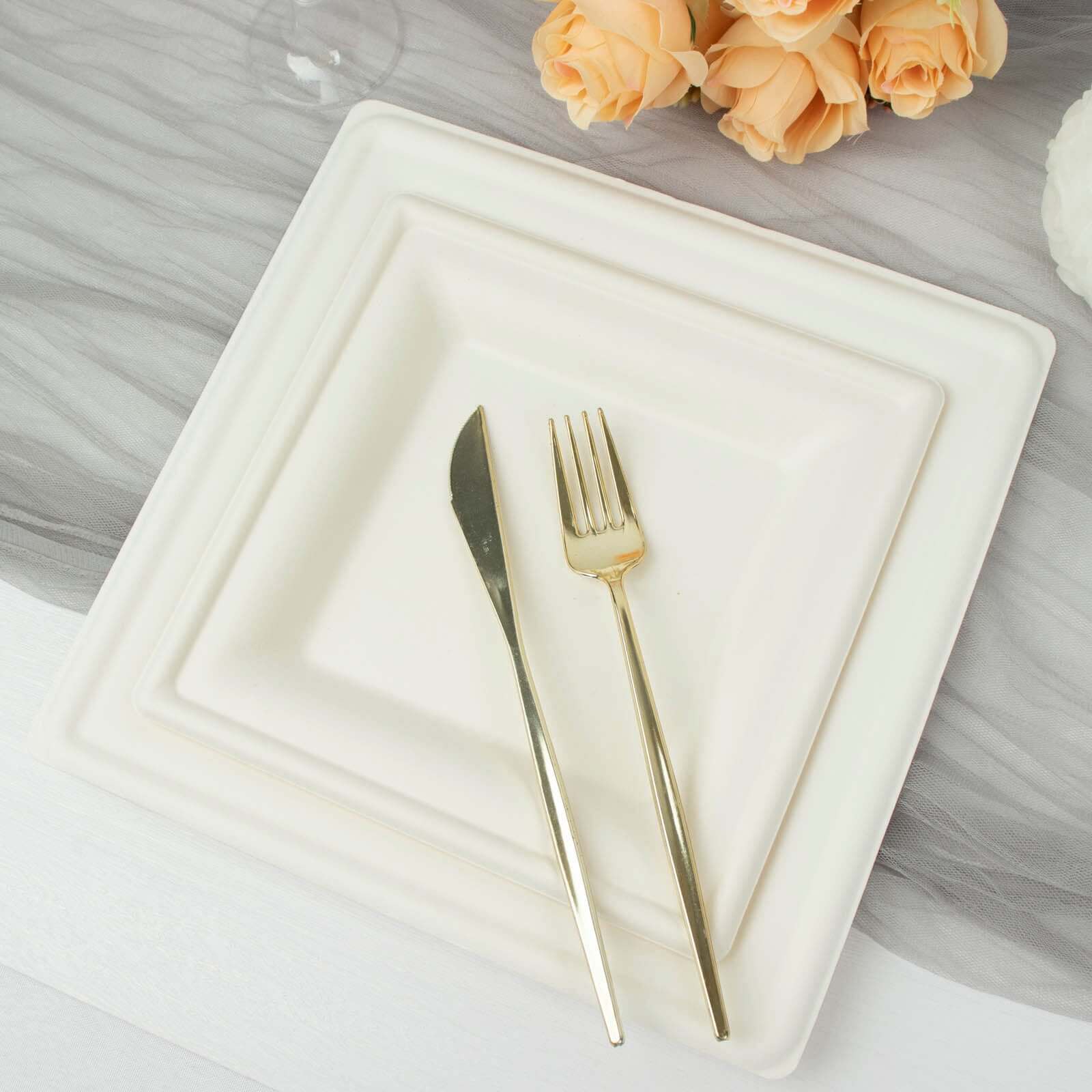 50-Pack White Bagasse 8" Square Wide Rim Dessert/Salad Plates - Eco-Friendly for Parties