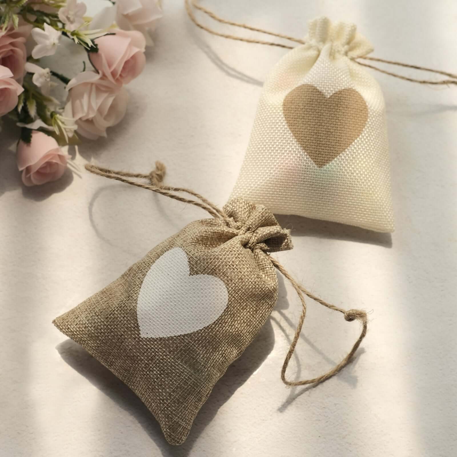20-Piece Set of 4x5 Natural Ivory Heart-Printed Jute Burlap Drawstring Gift Bags for Rustic Weddings