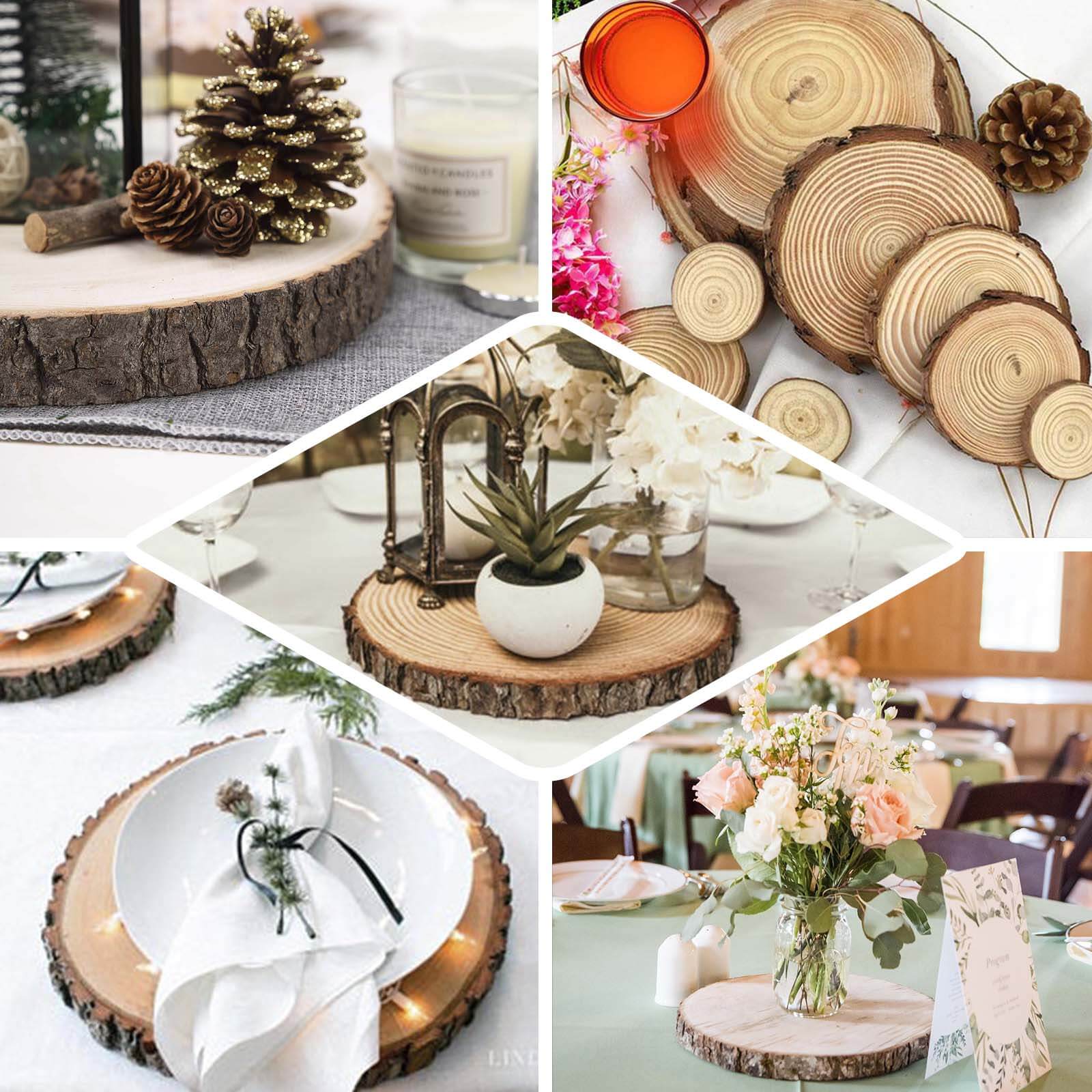 12-Piece Natural Poplar Wood Charger Plates with Bark Edge for Rustic Wedding Tables