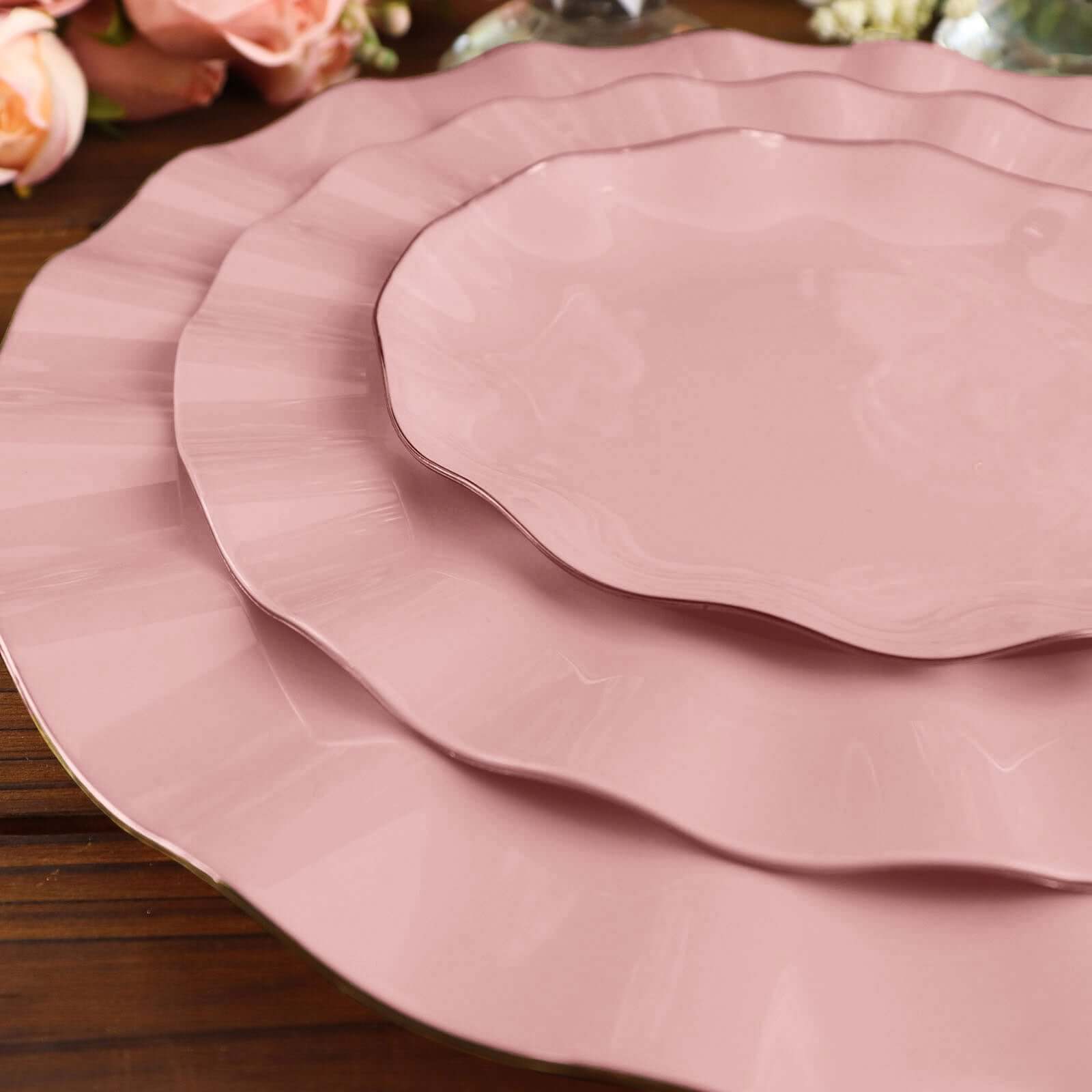 10-Pack Sturdy Disposable Dusty Rose Plastic Round Dessert Plates with Gold Ruffled Edging
