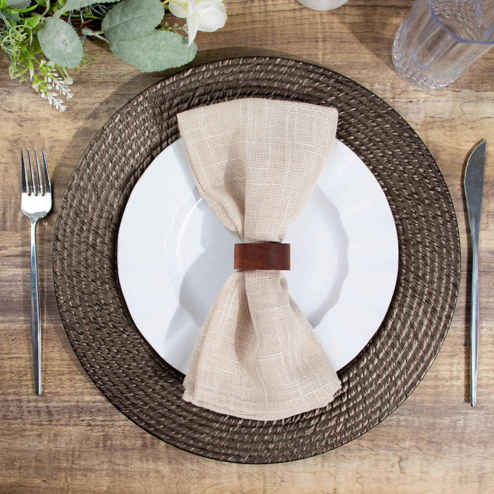6-Piece Set of 13-Inch Natural Brown Acrylic Charger Plates with Rattan Look, Reusable for Events