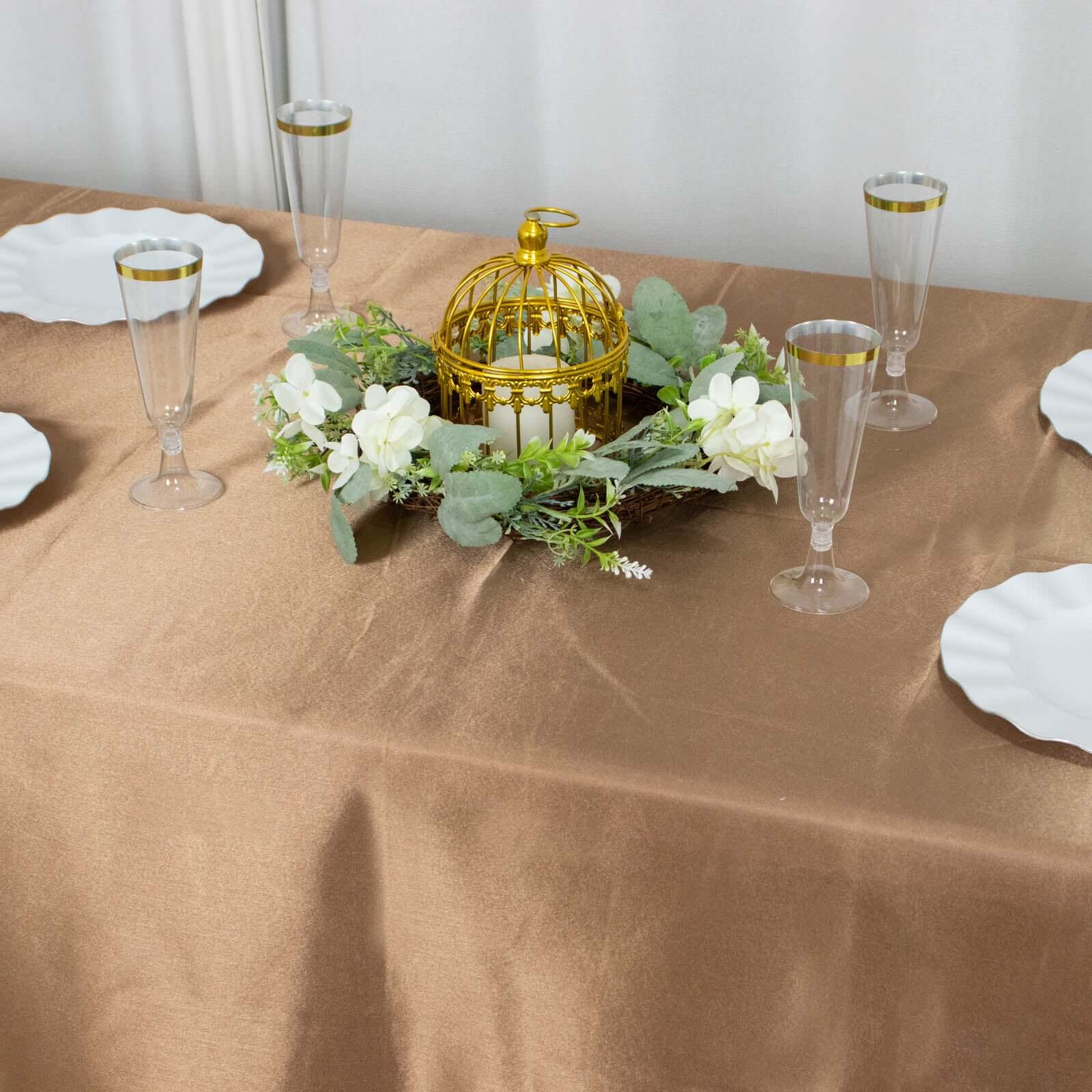 Premium Seamless Satin Taupe Tablecloth 90x132 for Weddings and Events