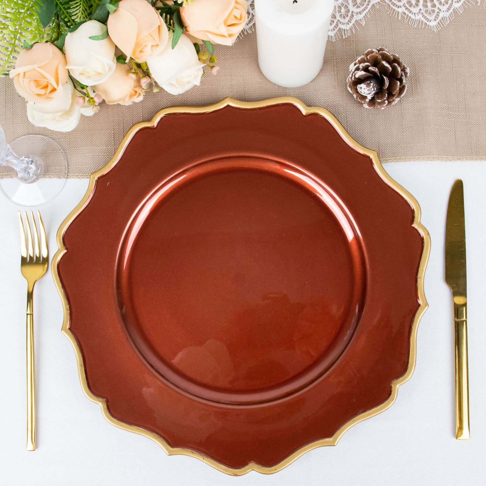 Hot Sale! 6-Piece Set of 13-Inch Terracotta (Rust) Acrylic Charger Plates with Gold Scalloped Rim for Dinner Parties