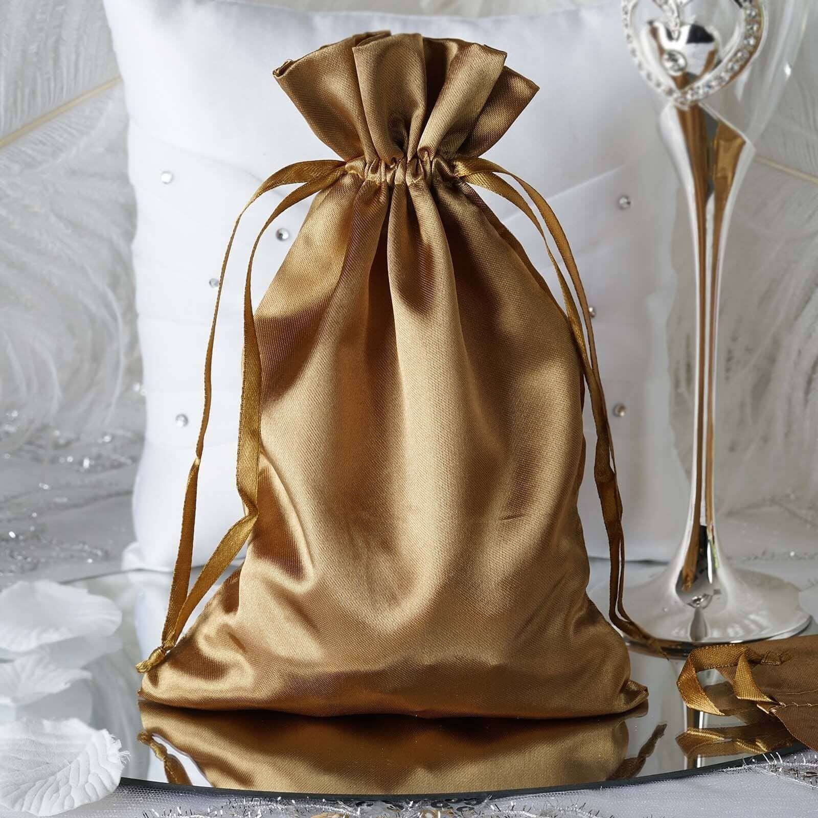 12-Piece Set of 6x9 Antique Gold Satin Drawstring Wedding Favor Gift Bags