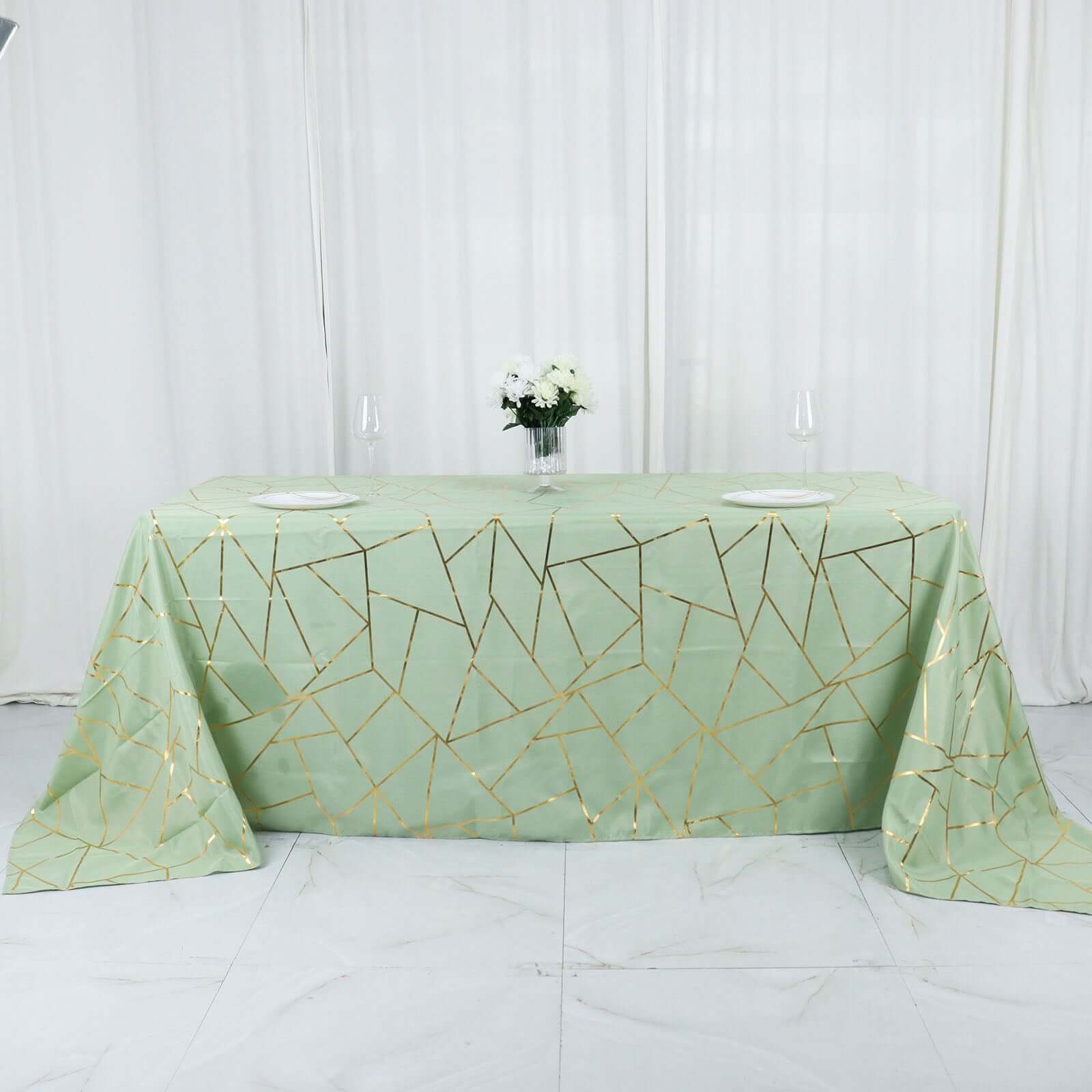 Hot! Wrinkle-Resistant Sage Green Polyester Tablecloth with Gold Foil Geometric Pattern, 90x132