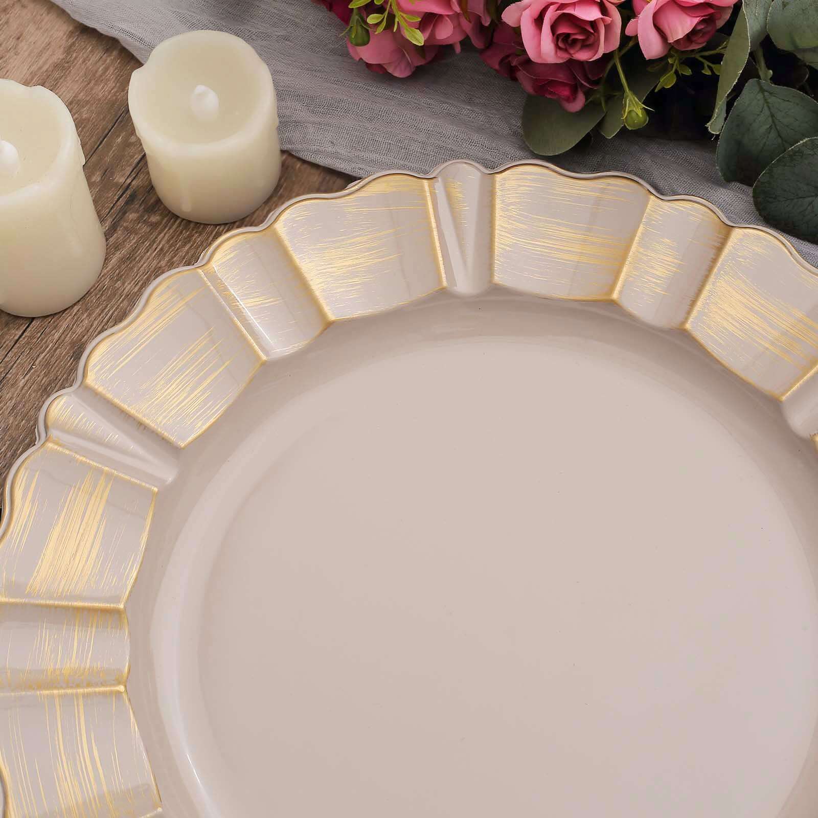 Hot Deal! 6-Pack 13-Inch Nude Taupe Acrylic Round Charger Plates with Gold Brushed Wavy Scalloped Rim for Dinner Parties