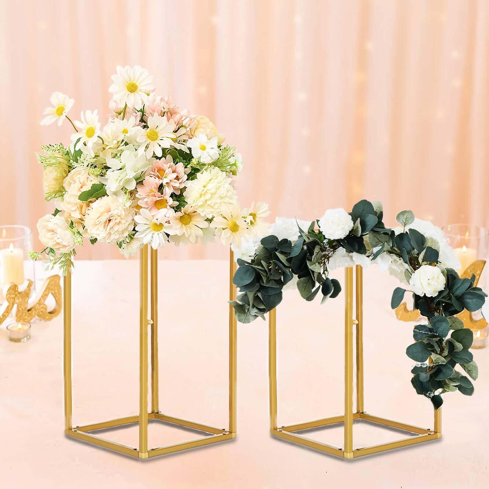 2-Pack Gold Metal Rectangular Geometric Column Frame Wedding Flower Stand - Ideal for Elegant Arrangements