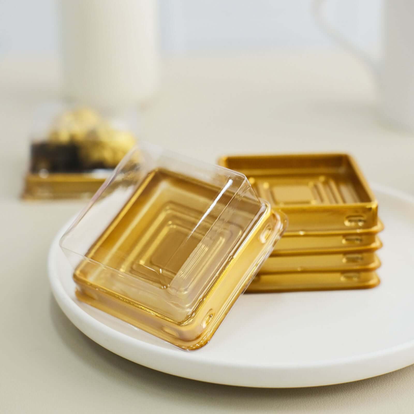 Hot Deal! 50-Pack Plastic Square Party Favor Containers in Gold and Clear for Cupcakes and Desserts