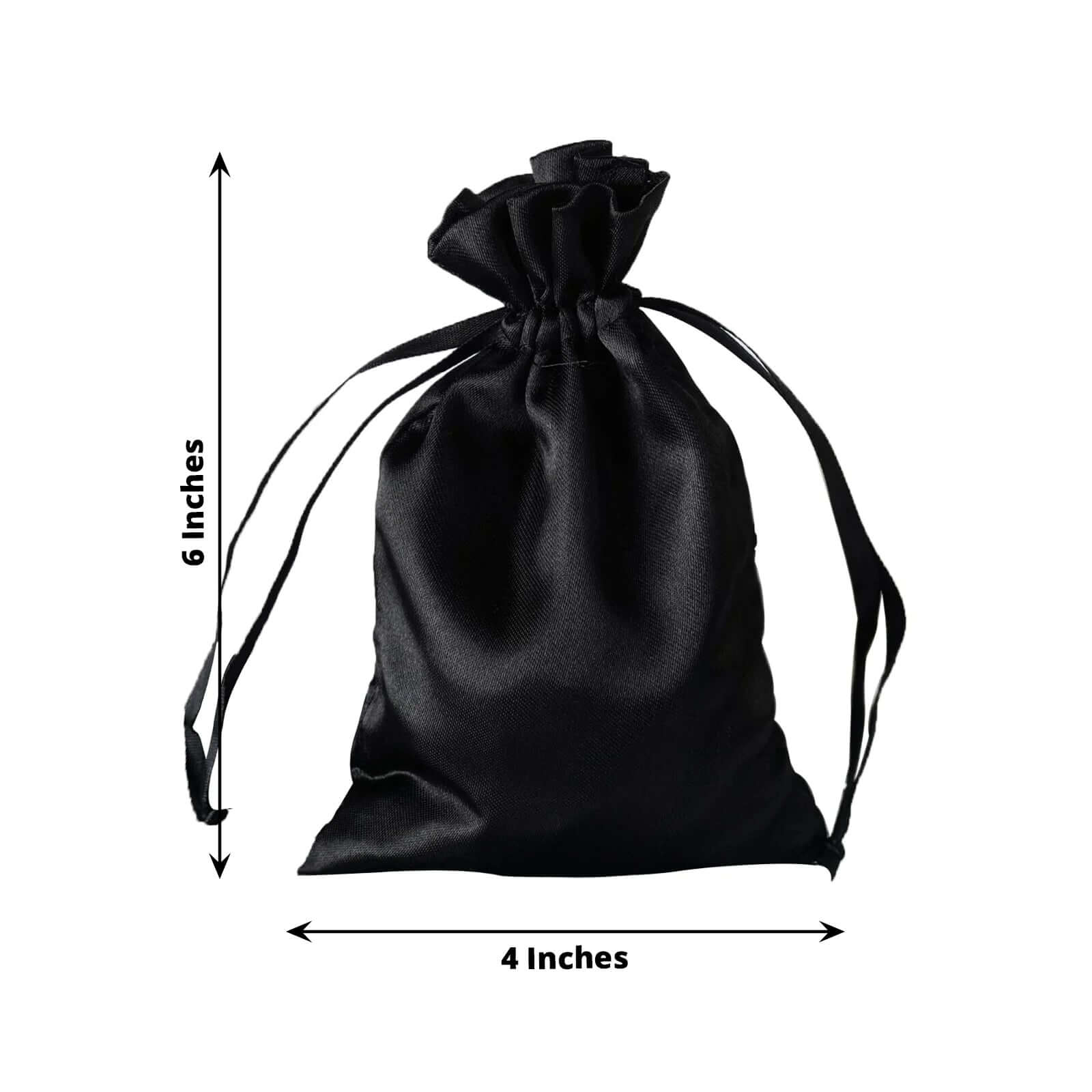 12-Piece Set of 4x6 Black Satin Drawstring Party Favor Bags for Weddings and More
