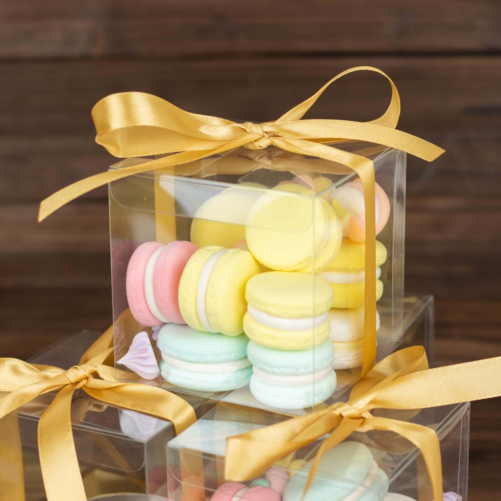 Hot Sale! 12-Pack 3.5-Inch Clear & Gold Disposable Plastic Cupcake Boxes with Ribbon for Weddings and Parties