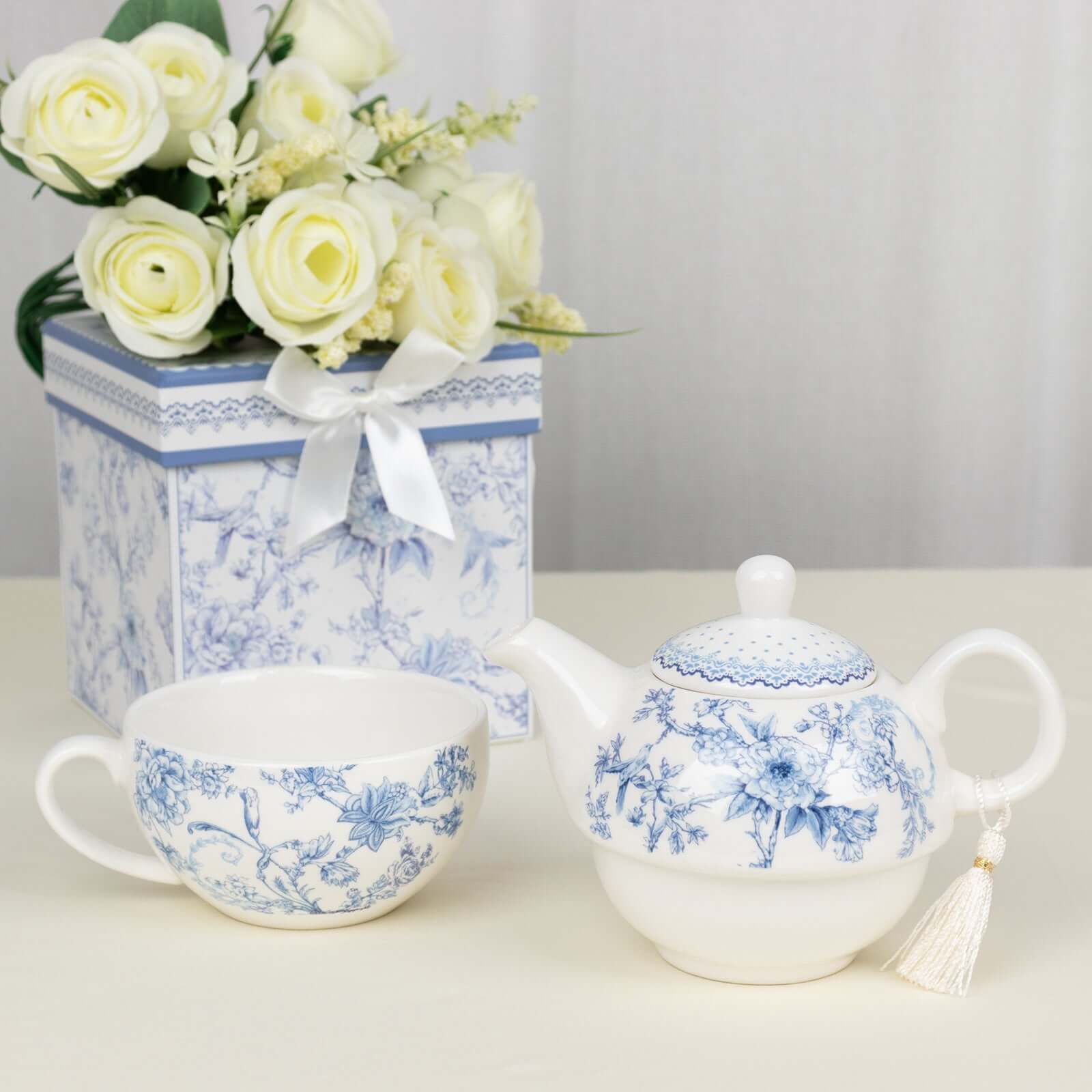 Premium French Toile Porcelain Teapot and Cup Set - Ideal Bridal Shower Gift with Keepsake Box