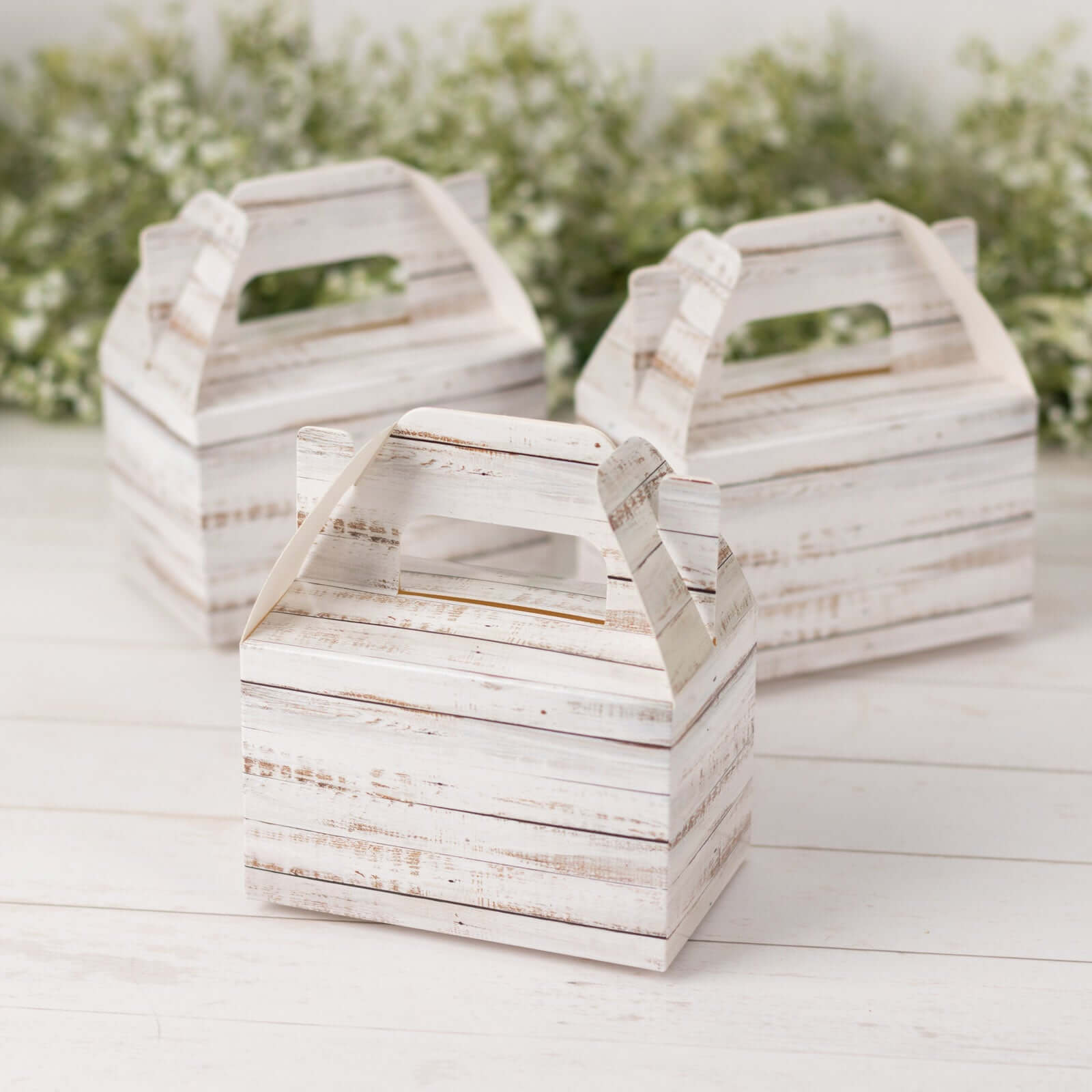 Get 25-Pack Rustic White Candy Gift Tote Gable Boxes with Wood Pattern