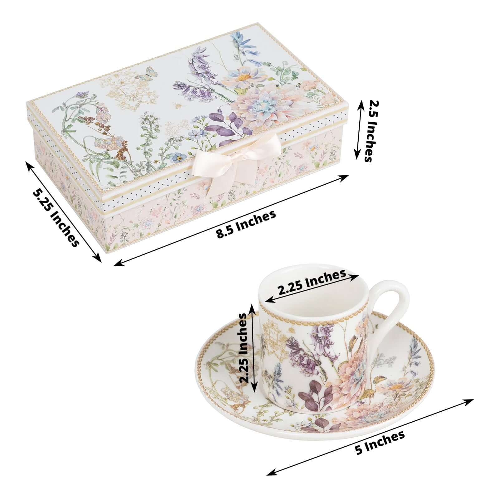 Blush Floral-Printed Porcelain Espresso Cups and Saucers Set of 2 with Gift Box