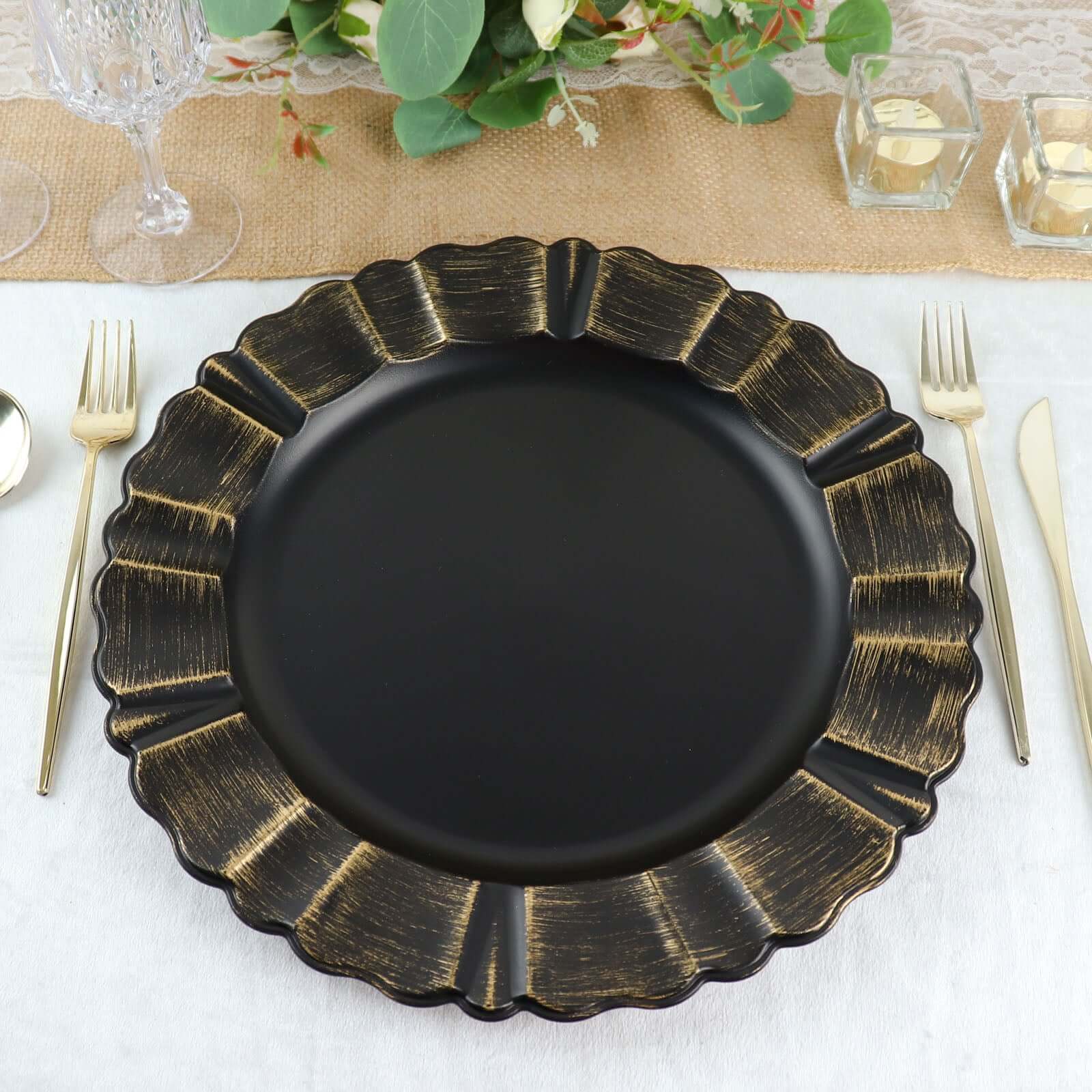 Hot Sale! 6-Piece Set of 13-Inch Matte Black Acrylic Plastic Round Charger Plates with Gold Brushed Wavy Scalloped Rim for Dinner Parties
