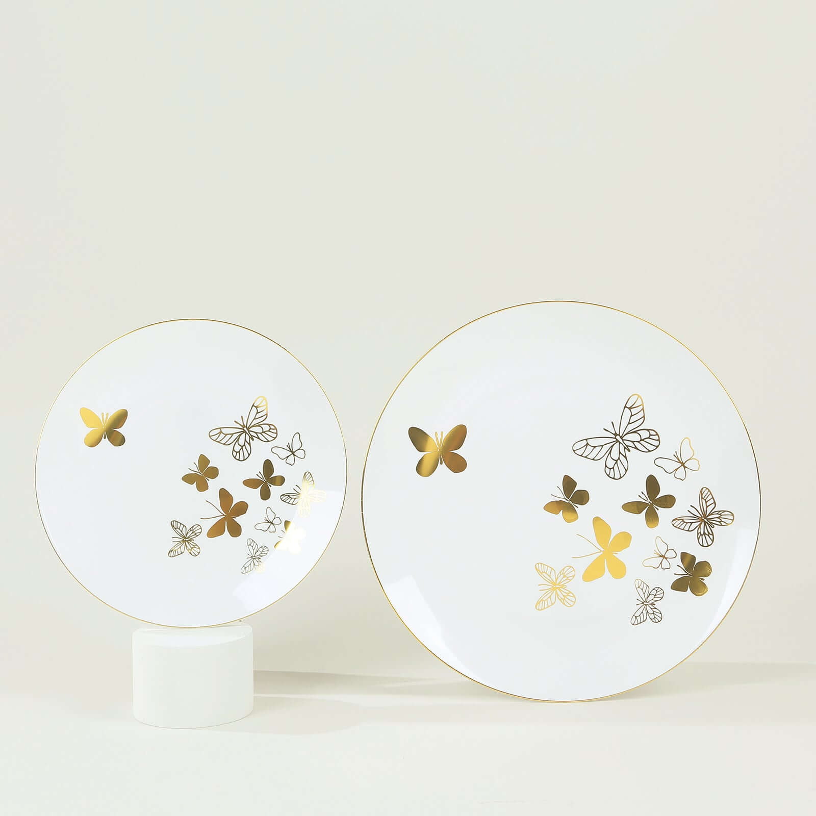 Get 20-Piece White Plastic Dinner & Salad Plates with Gold Butterfly Design & Rim - Ideal for Buffets & Events
