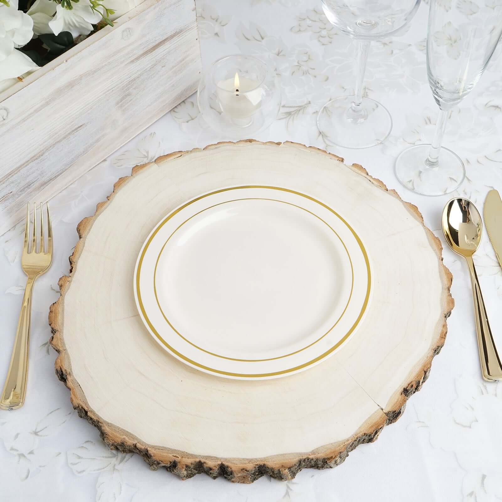 10-Piece Set of Disposable Ivory Plastic Dessert Plates with Stylish Gold Rim, 8 Inches