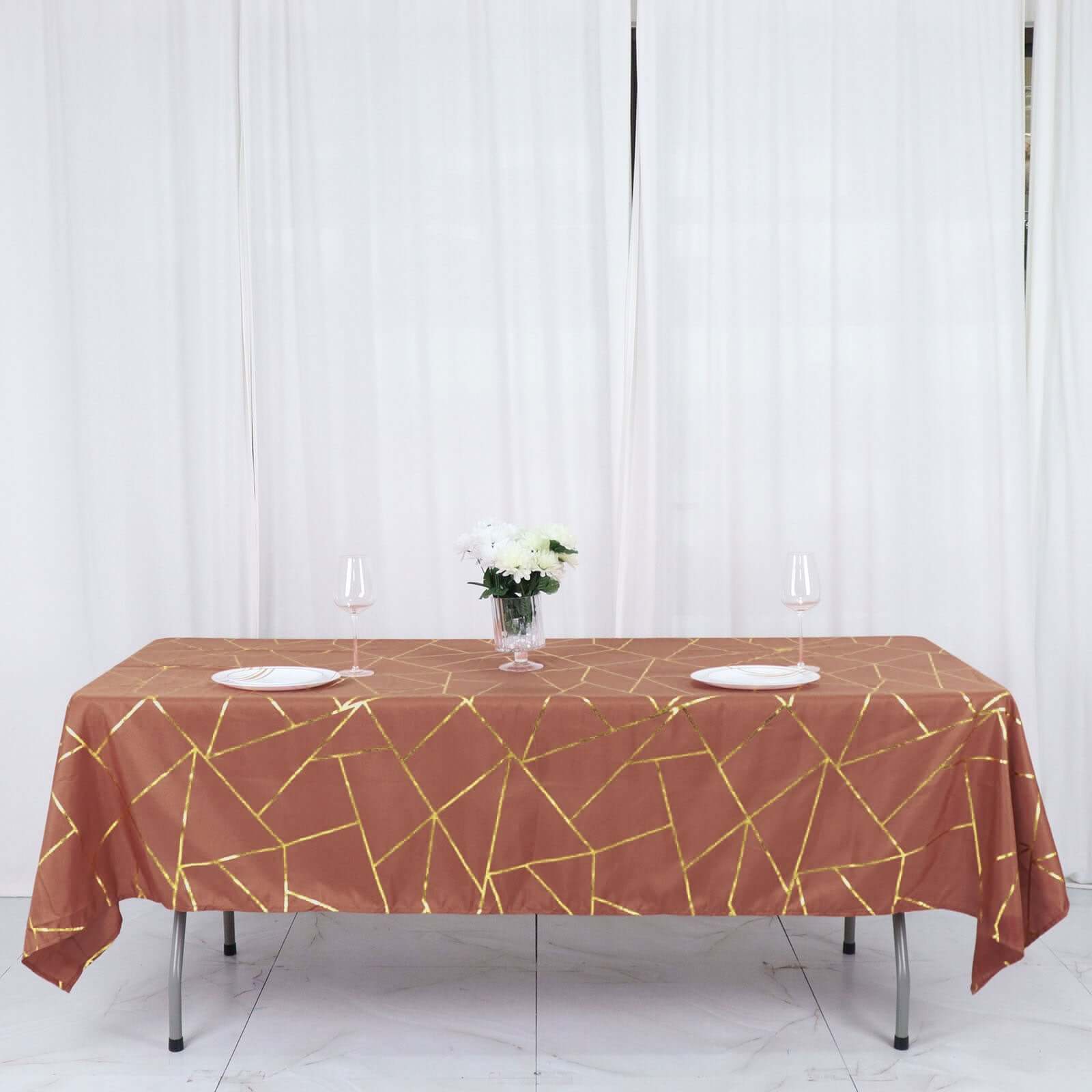 Wrinkle-Resistant & Durable Polyester Rectangle Tablecloth in Terracotta with Gold Foil Geometric Design - Ideal for Events