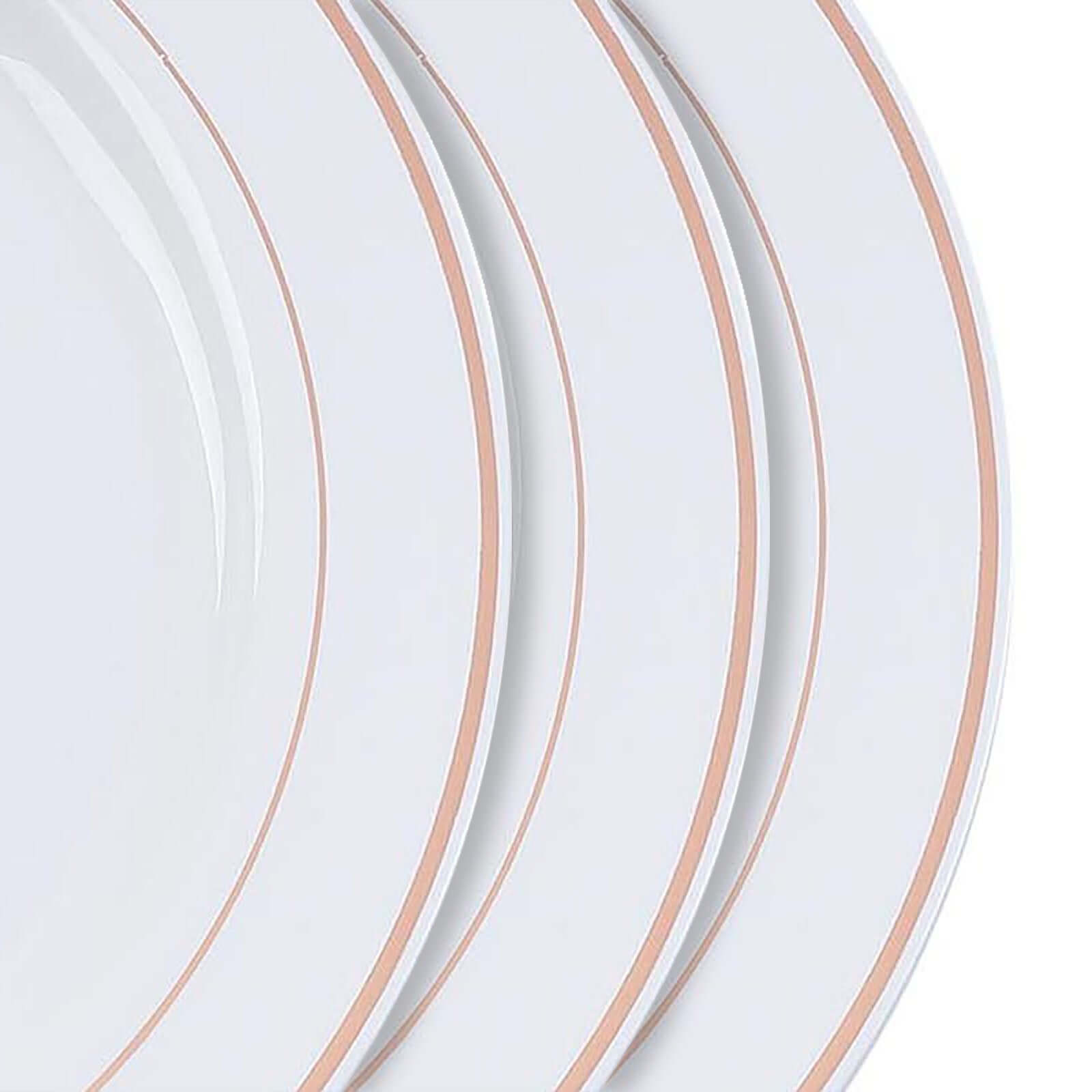 10-Piece Set of White Disposable Plastic Dessert Plates with Stylish Rose Gold Rim, 8 Inches