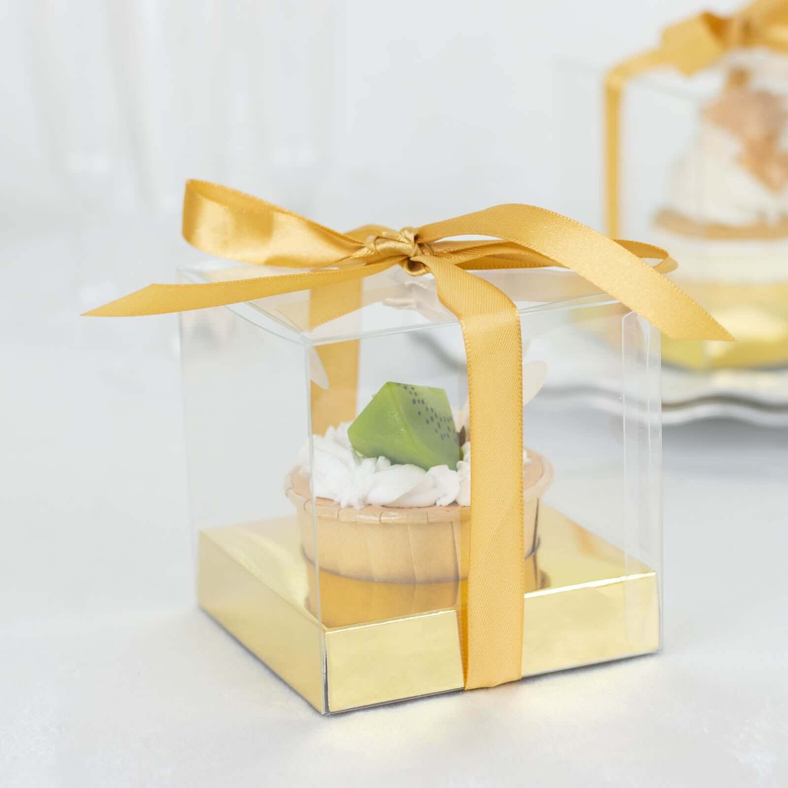 Hot Sale! 12-Pack 3.5-Inch Clear & Gold Disposable Plastic Cupcake Boxes with Ribbon for Weddings and Parties