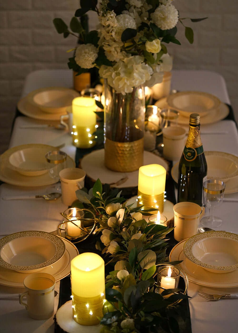 Remote-Controlled Set of 3 Gold LED Flameless Pillar Candles with Fairy String Lights (4', 5', 6')