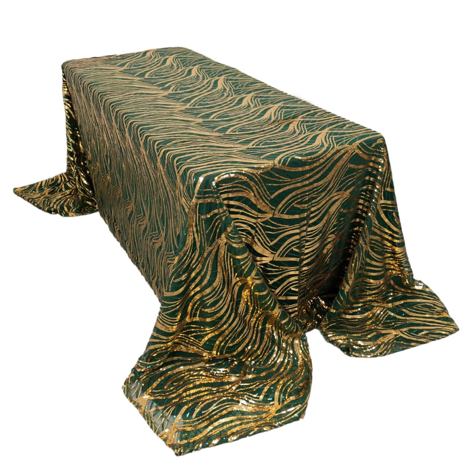 Sparkling Wave Sequin Embroidered Mesh Rectangle Tablecloth - Hunter Emerald Green/Gold