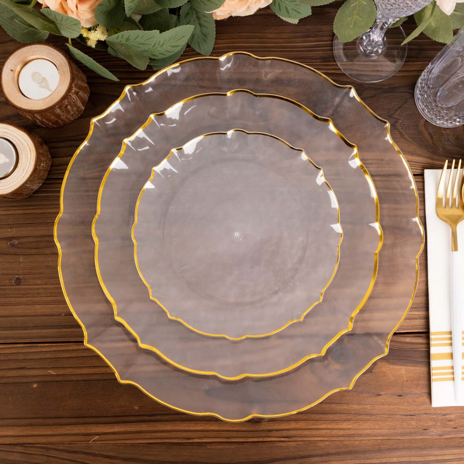 10-Pack Clear Plastic Round Dessert Plates with Gold Scalloped Sunflower Rim - Ideal for Special Events