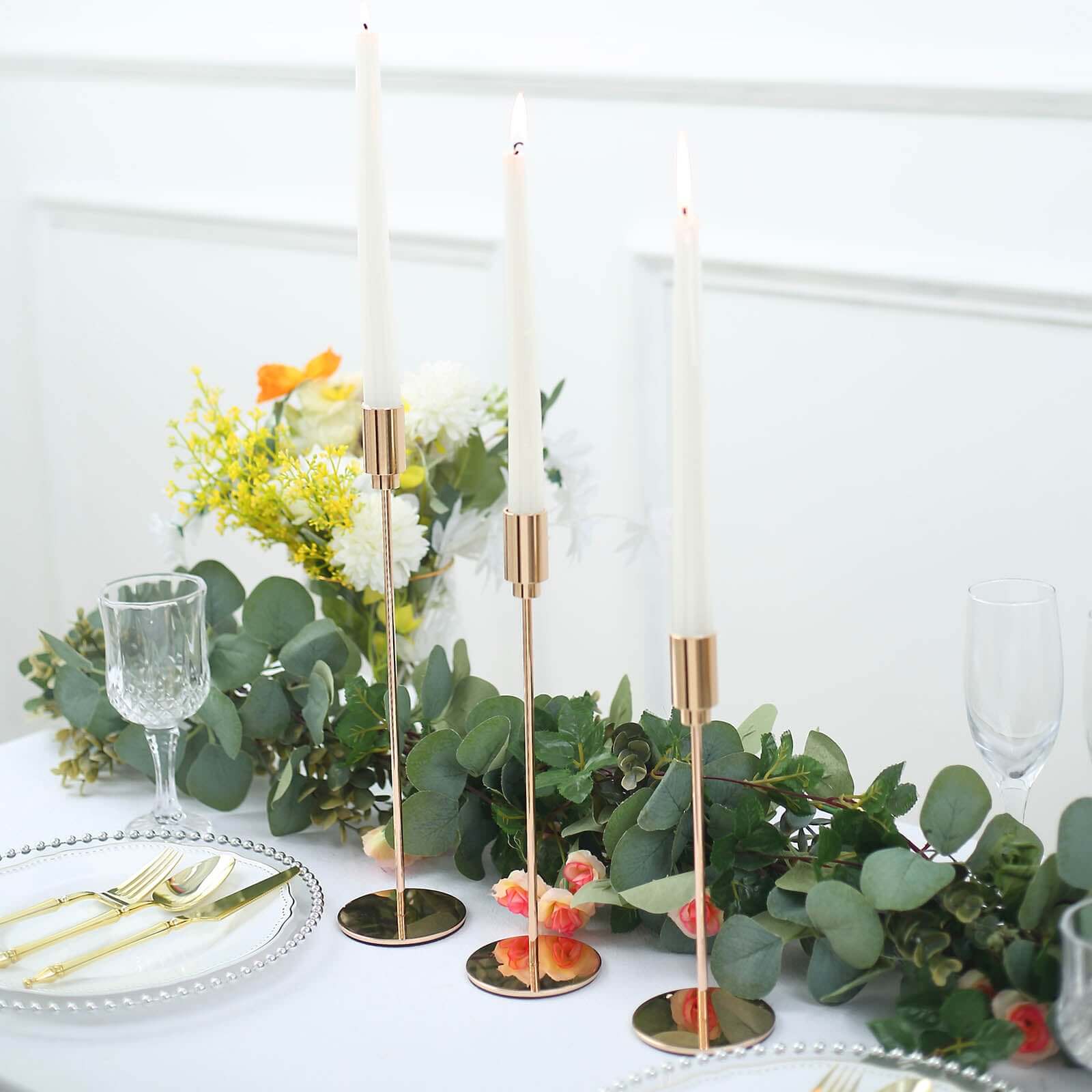 Gold Metal Set of 3 Taper Candle Stands with Round Base - Ideal for Weddings