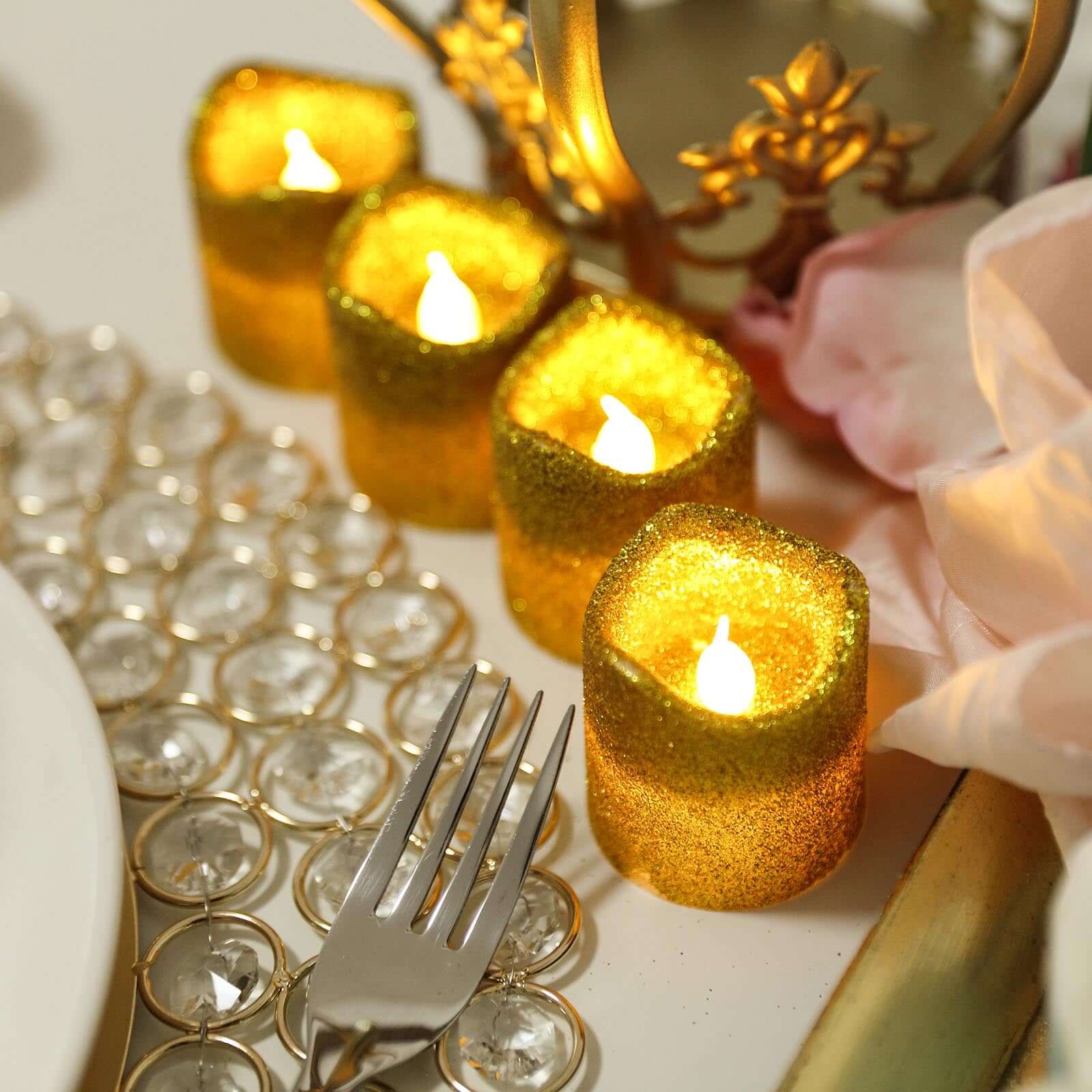 Hot Sale! 12-Piece Reusable Flameless LED Votive Candles with Glittered Gold Design, Battery Operated