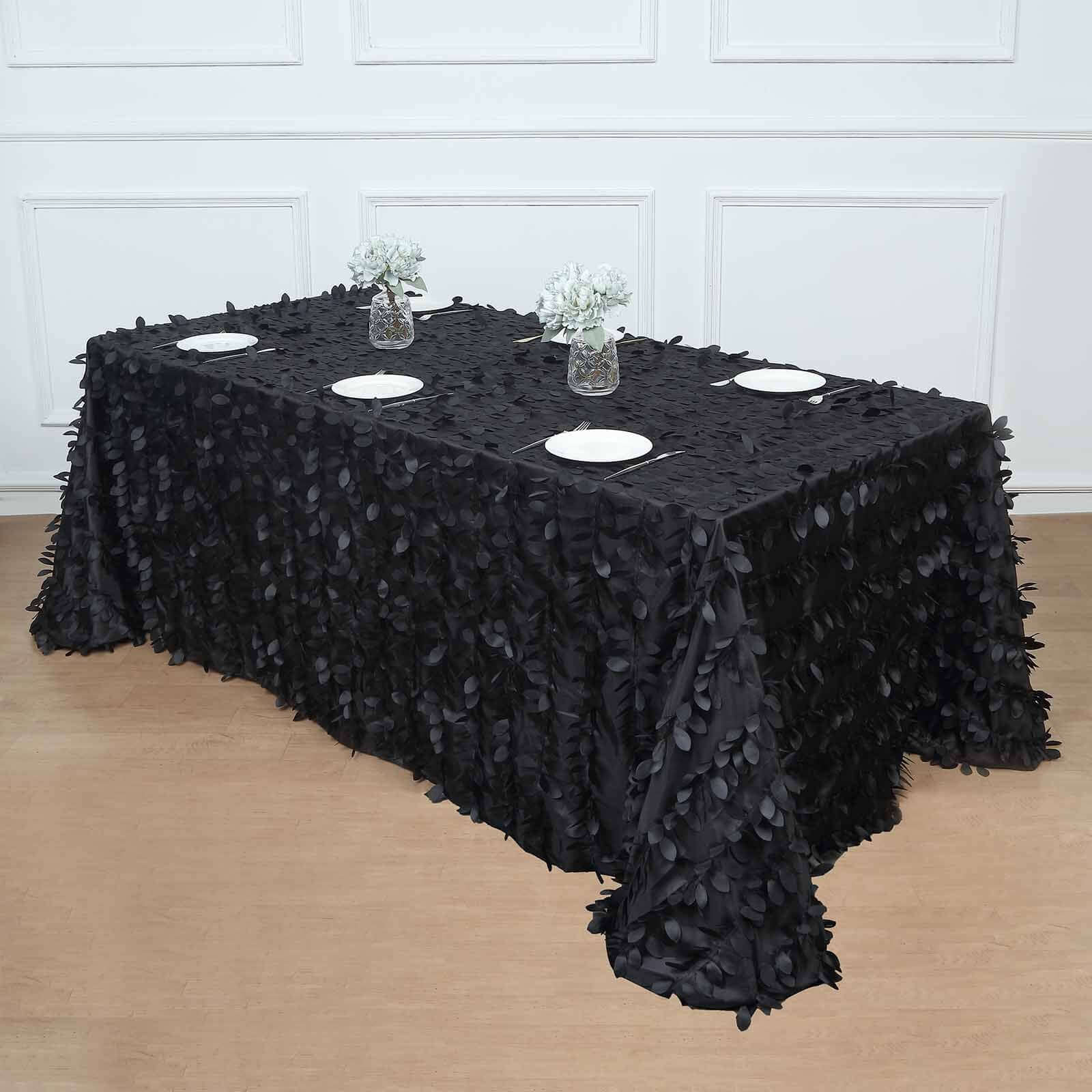 Black Taffeta Rectangle Tablecloth with 3D Leaf Petal Design | Great for Events