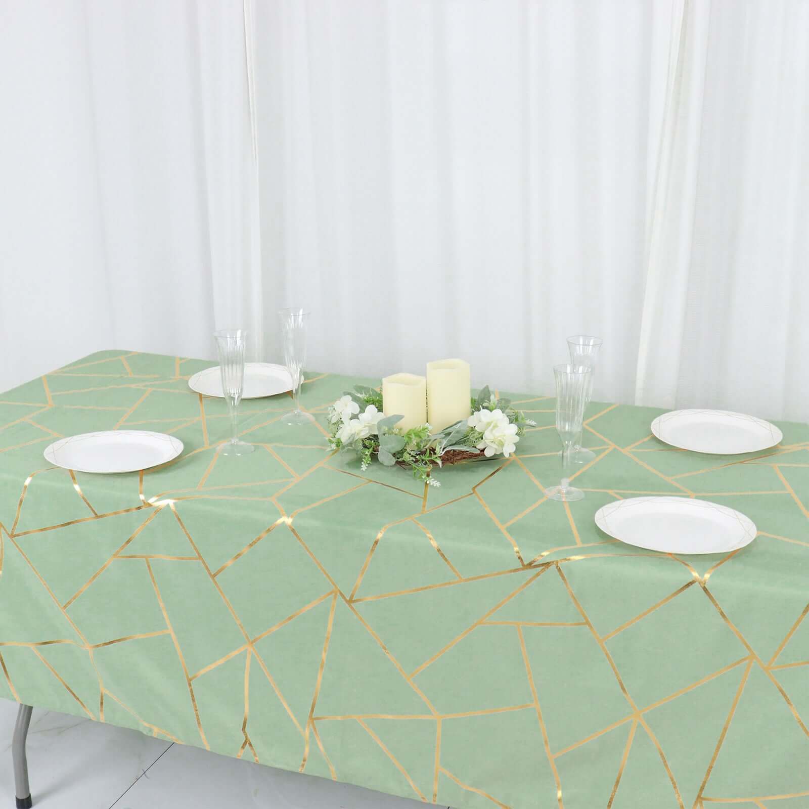 Hot Sale! Wrinkle-Resistant & Durable Polyester Rectangle Tablecloth in Sage Green with Gold Foil Geometric Design (60x102)