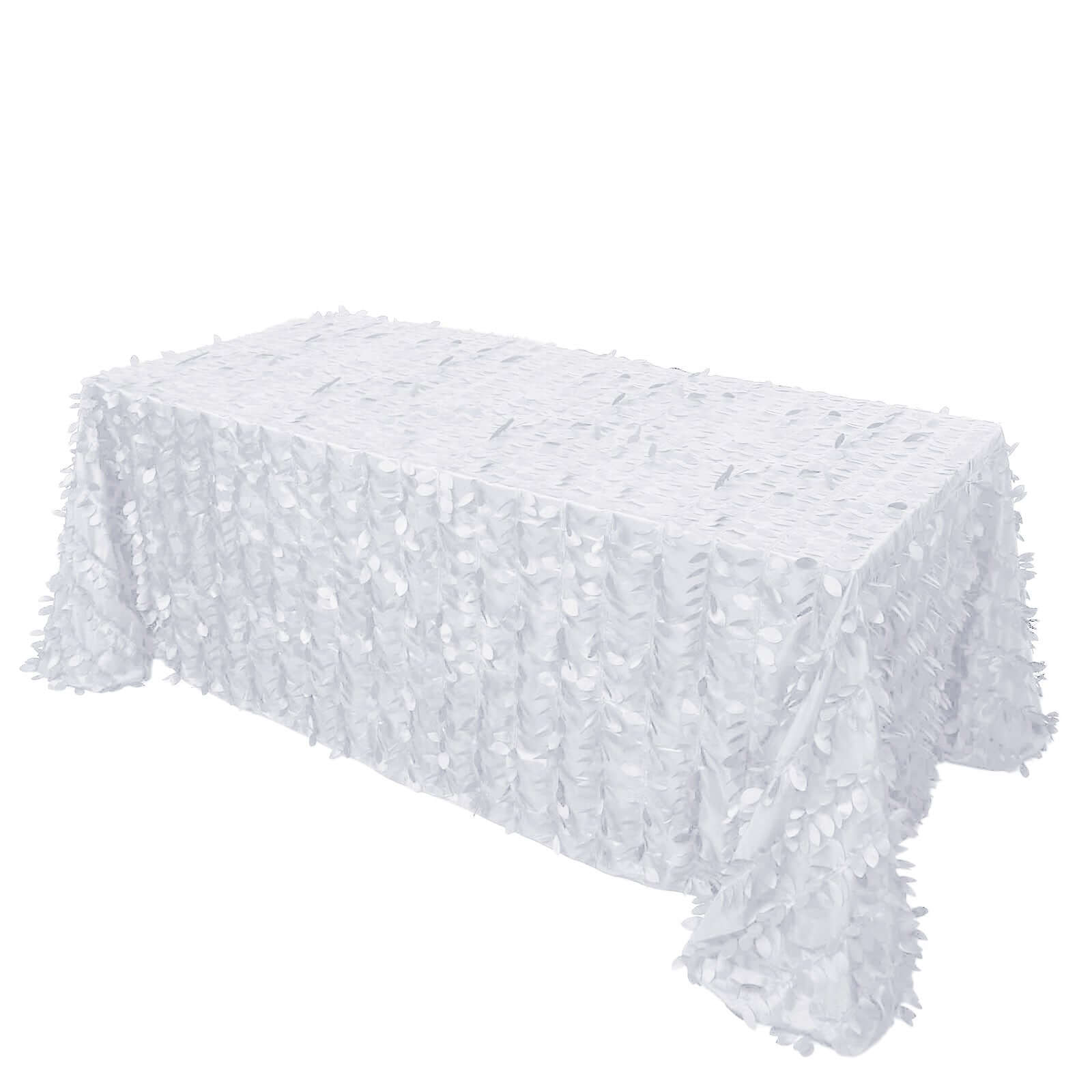 White Taffeta Rectangle Tablecloth 90x132 | 3D Leaf Petal Design for Elegant Weddings & Events