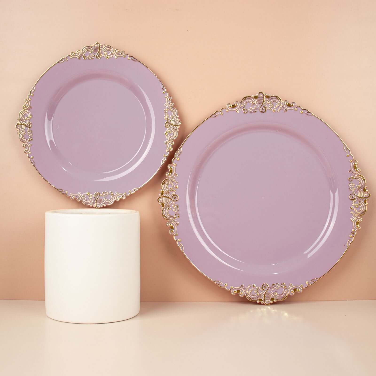 Hot Deal! 10-Pack Disposable Plastic Round Dinner Plates in Lavender Lilac with Gold Leaf Embossed Rim, Vintage Baroque Style