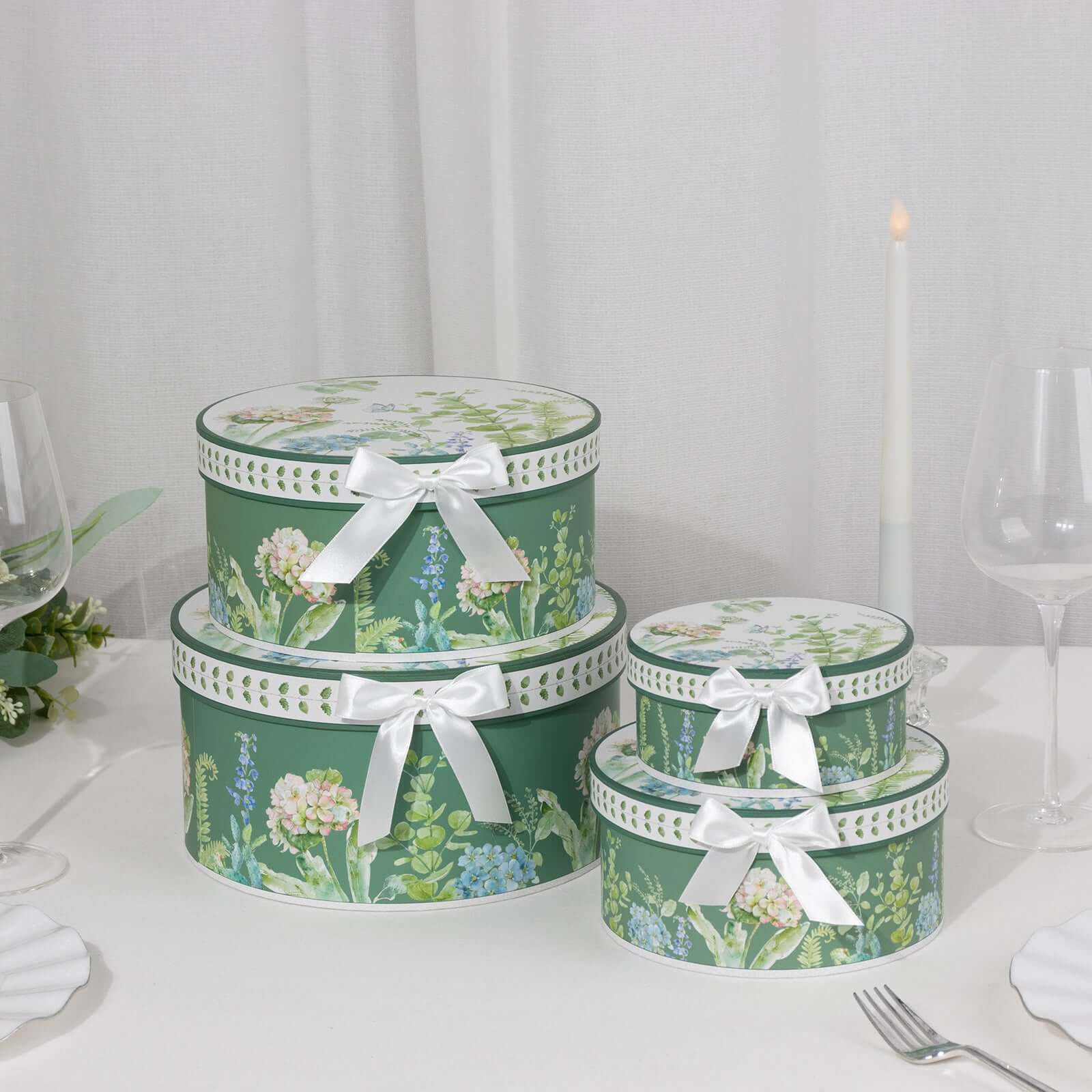 4-Piece Set of Greenery-Themed Cardstock Round Nesting Gift Boxes with Lids