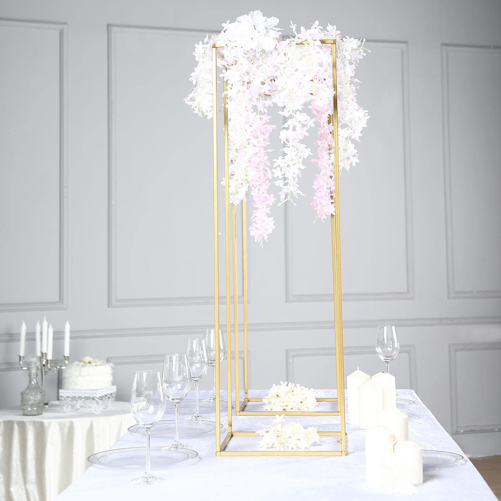 2-Pack Matte Gold Metal Rectangular Geometric Column Flower Stand for Elegant Arrangements