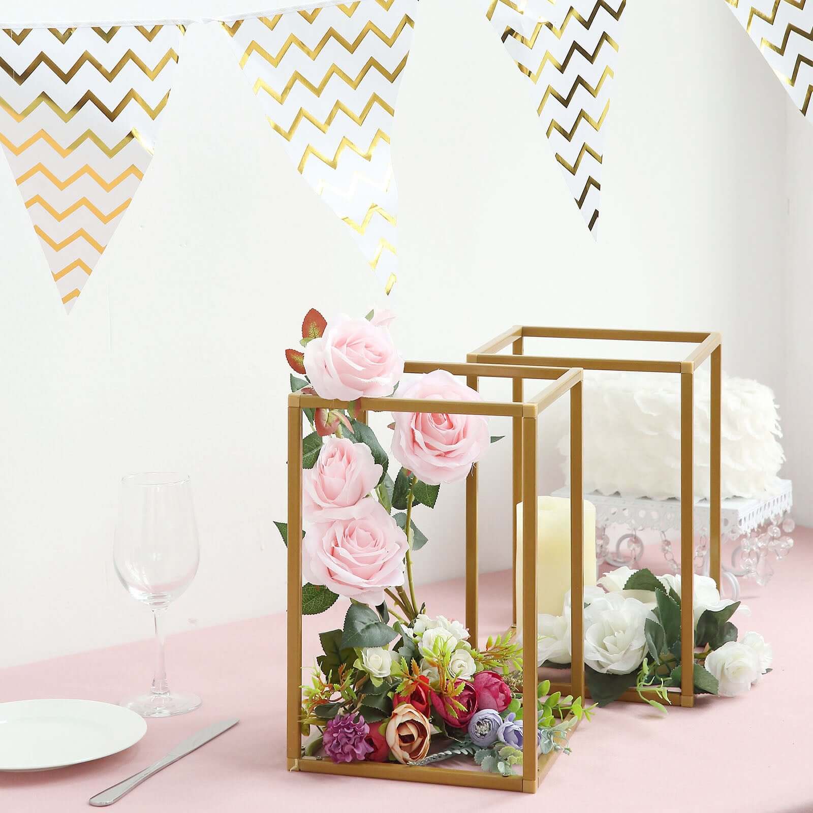 2-Pack Gold Metal Rectangular Geometric Column Frame Wedding Flower Stand - Ideal for Elegant Arrangements