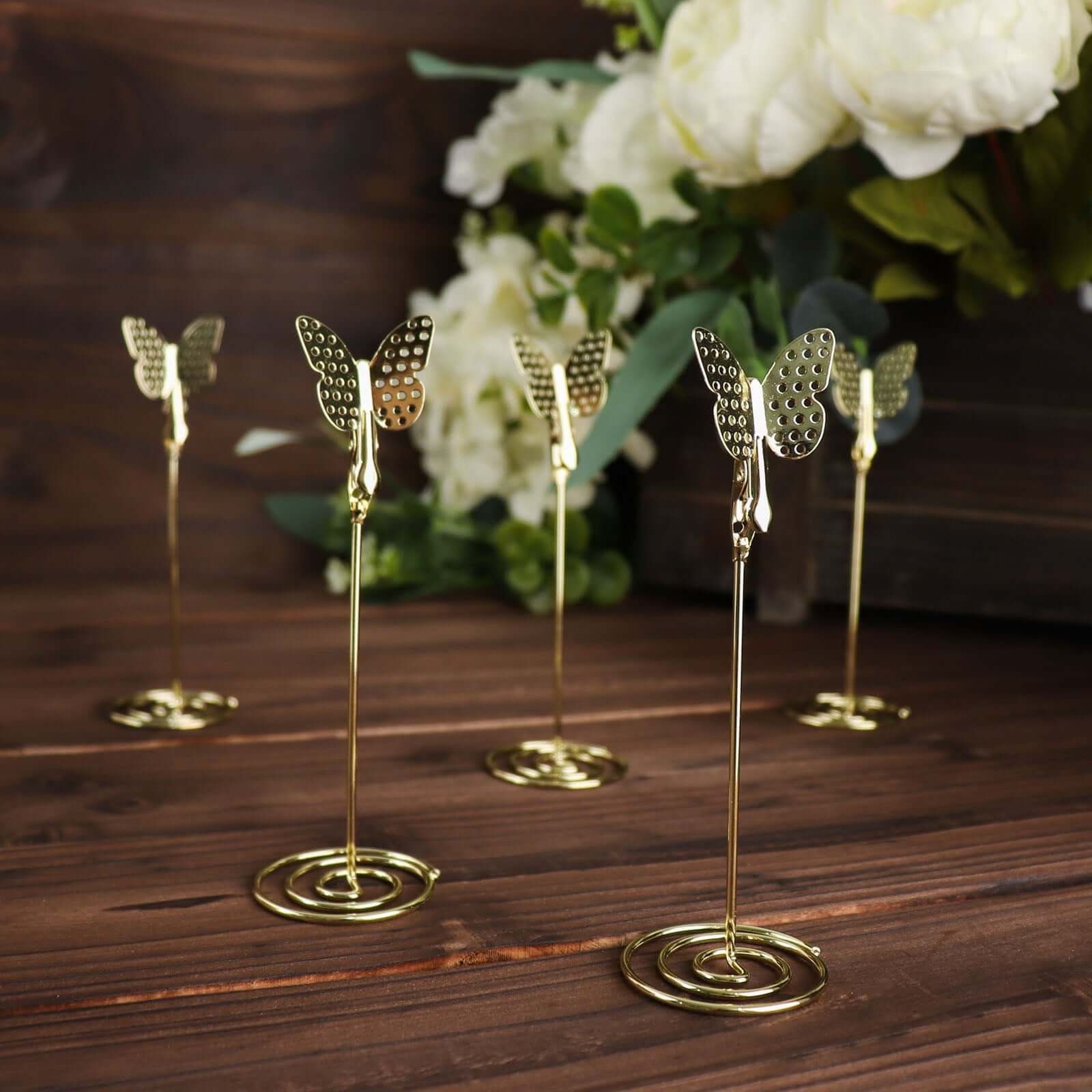 5-Pack Gold Metal Place Card Holders - Modern Table Stands with Butterfly Clips