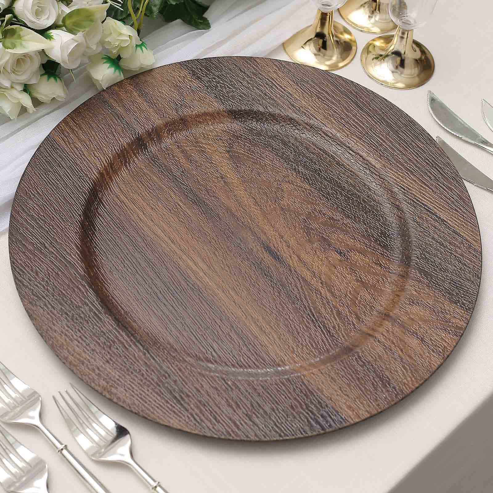 Hot Sale! 6-Piece Set of 13-Inch Dark Brown Plastic Charger Plates with Faux Wood Finish for Rustic Boho Dinner Parties