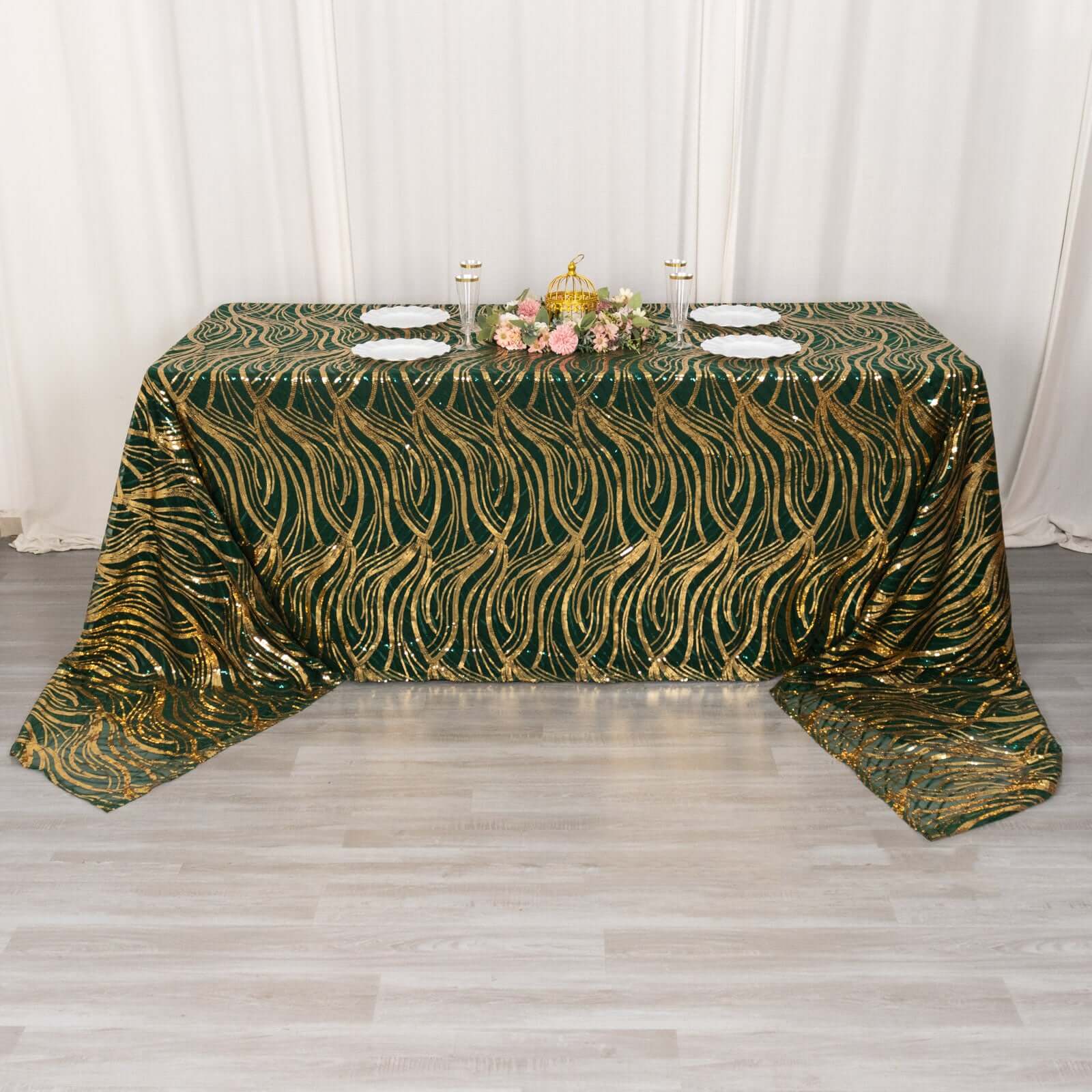 Sparkling Wave Sequin Embroidered Mesh Rectangle Tablecloth - Hunter Emerald Green/Gold