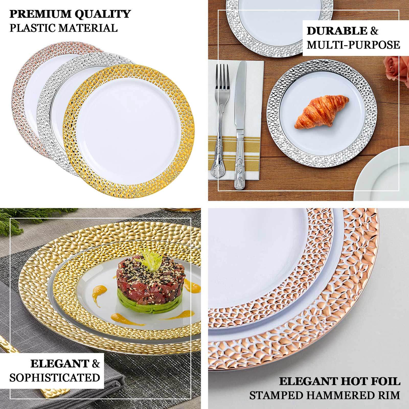 10-Piece Set of Disposable Round Dinner Plates in Opaque Black Hammered Design with Gold Rim for Elegant Parties