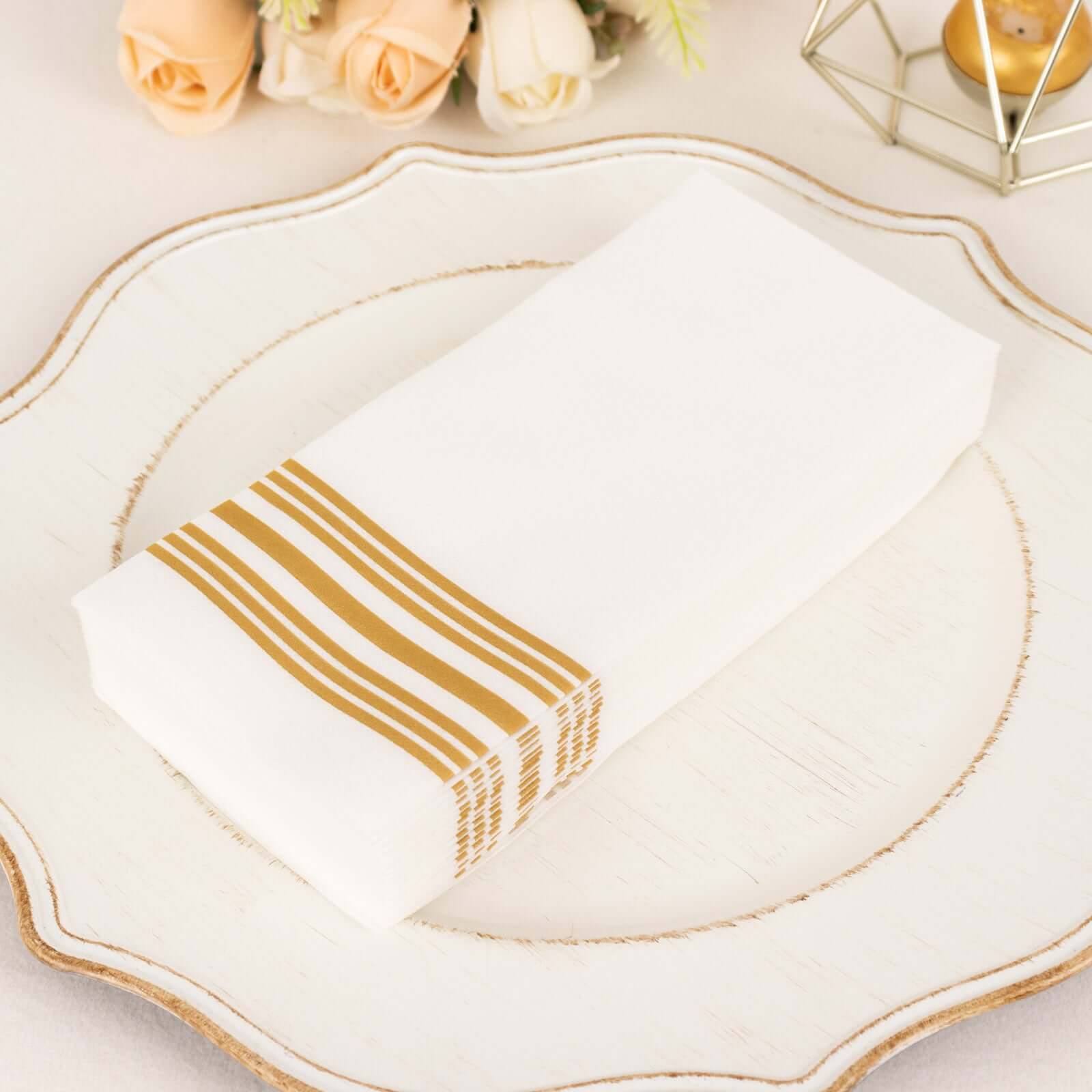 Hot Deal! 20-Pack White Linen-Like Airlaid Napkins with Gold Lines