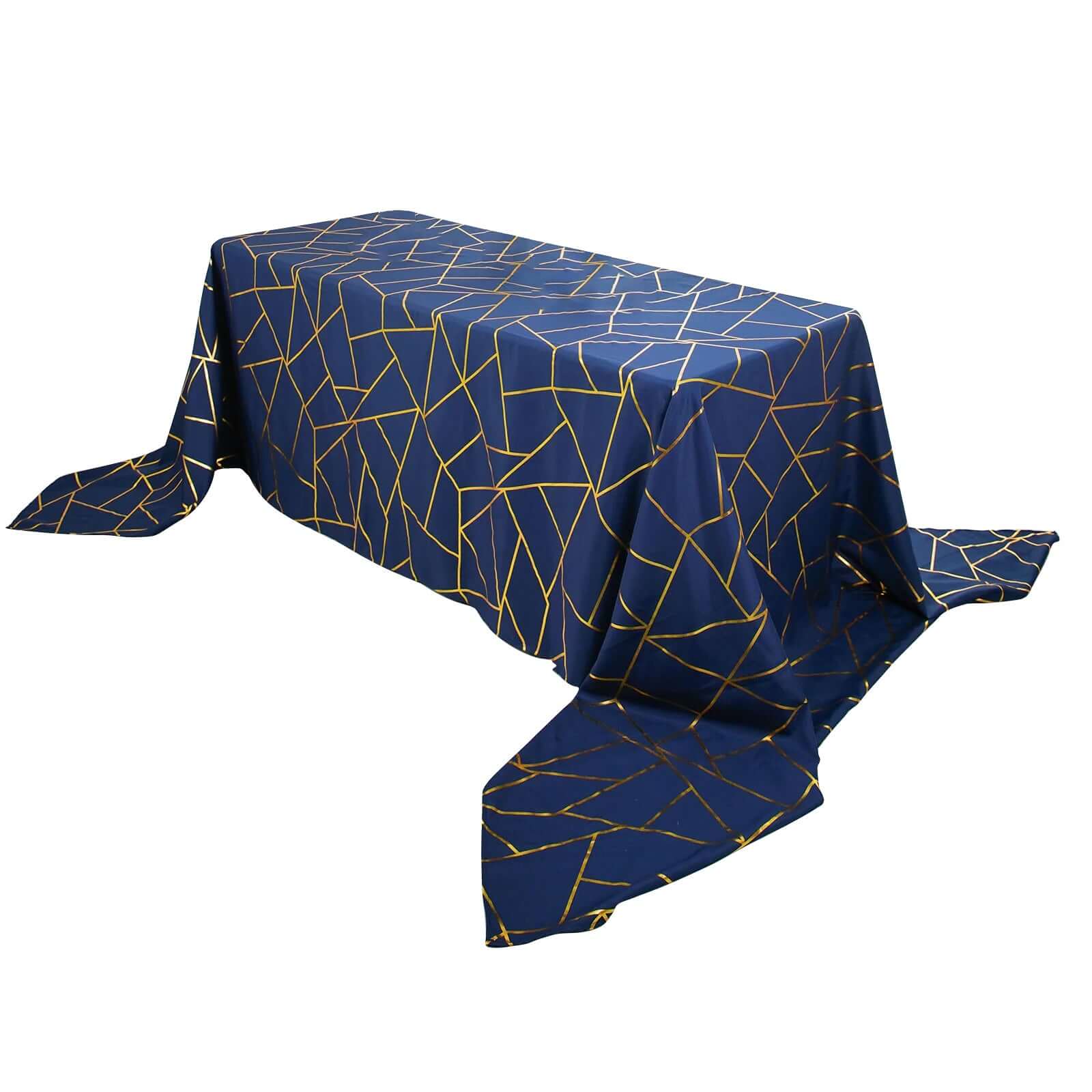 Wrinkle-Resistant Navy Blue Polyester Tablecloth with Gold Foil Pattern for Elegant Events