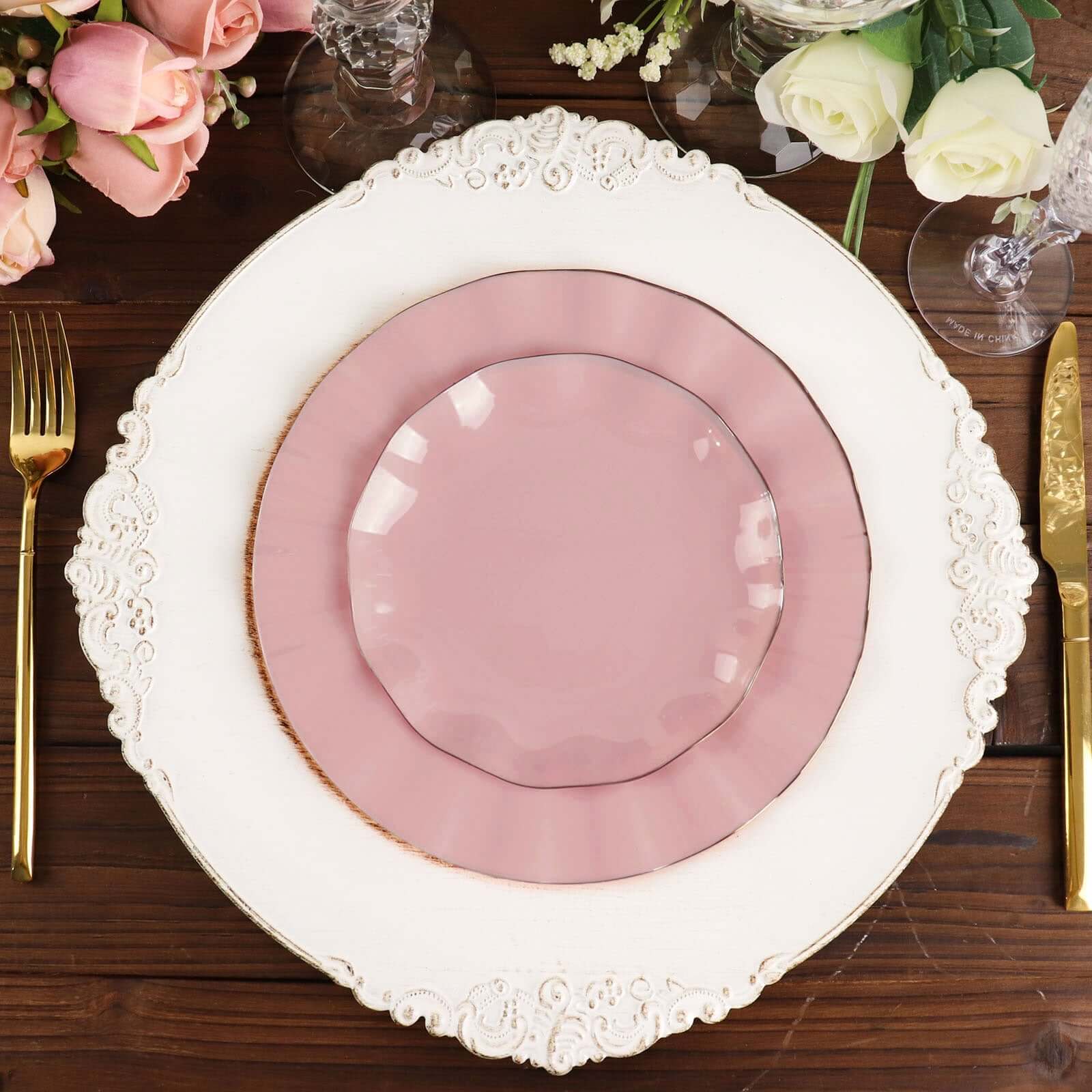 10-Pack Sturdy Disposable Dusty Rose Plastic Round Dessert Plates with Gold Ruffled Edging