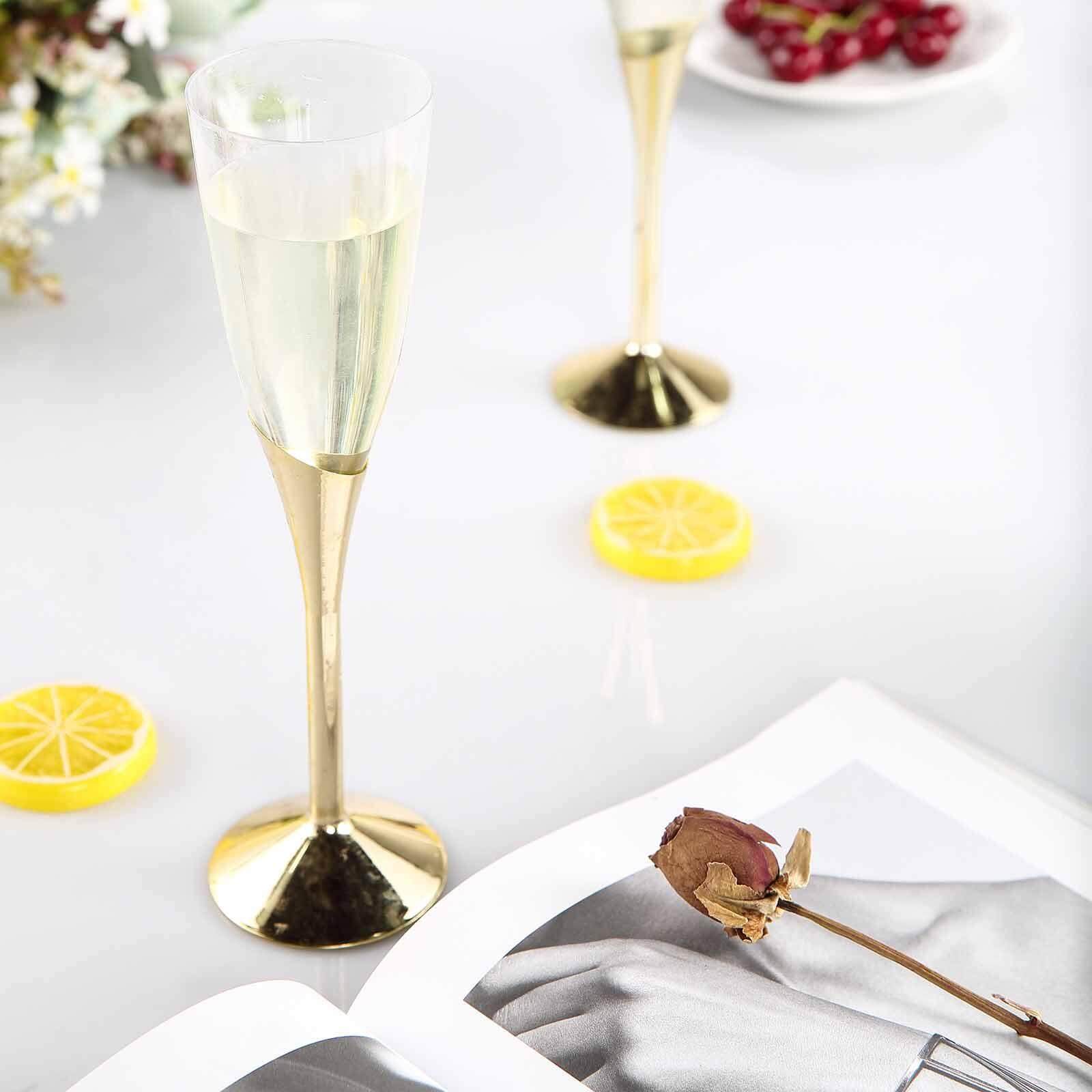 Amazing 6-Pack Disposable Plastic Champagne Flutes, 5oz Clear with Gold Base for Toasts