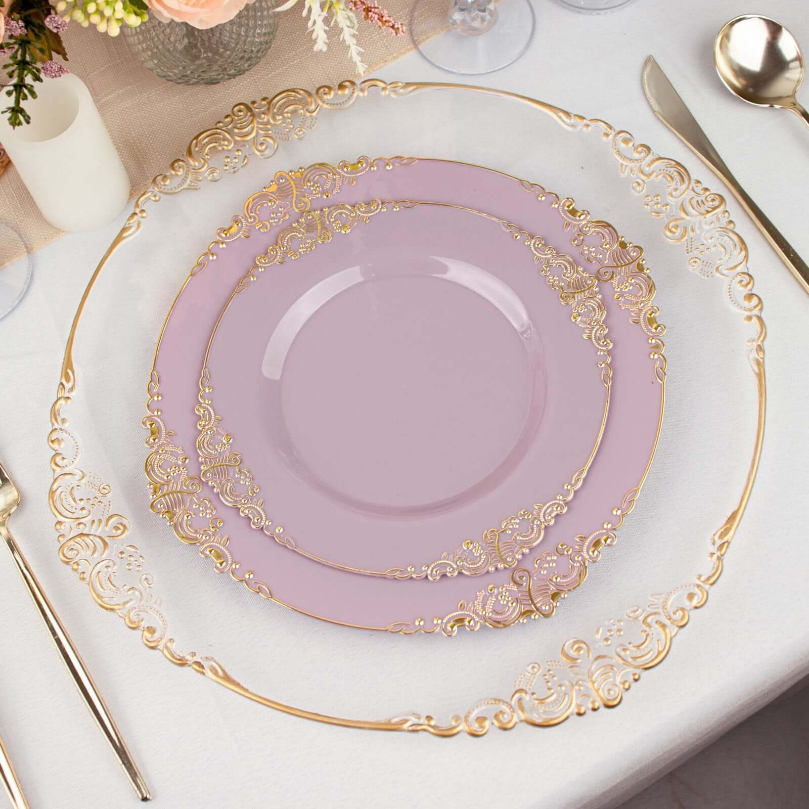 Hot Deal! 10-Pack Disposable Plastic Round Dinner Plates in Lavender Lilac with Gold Leaf Embossed Rim, Vintage Baroque Style