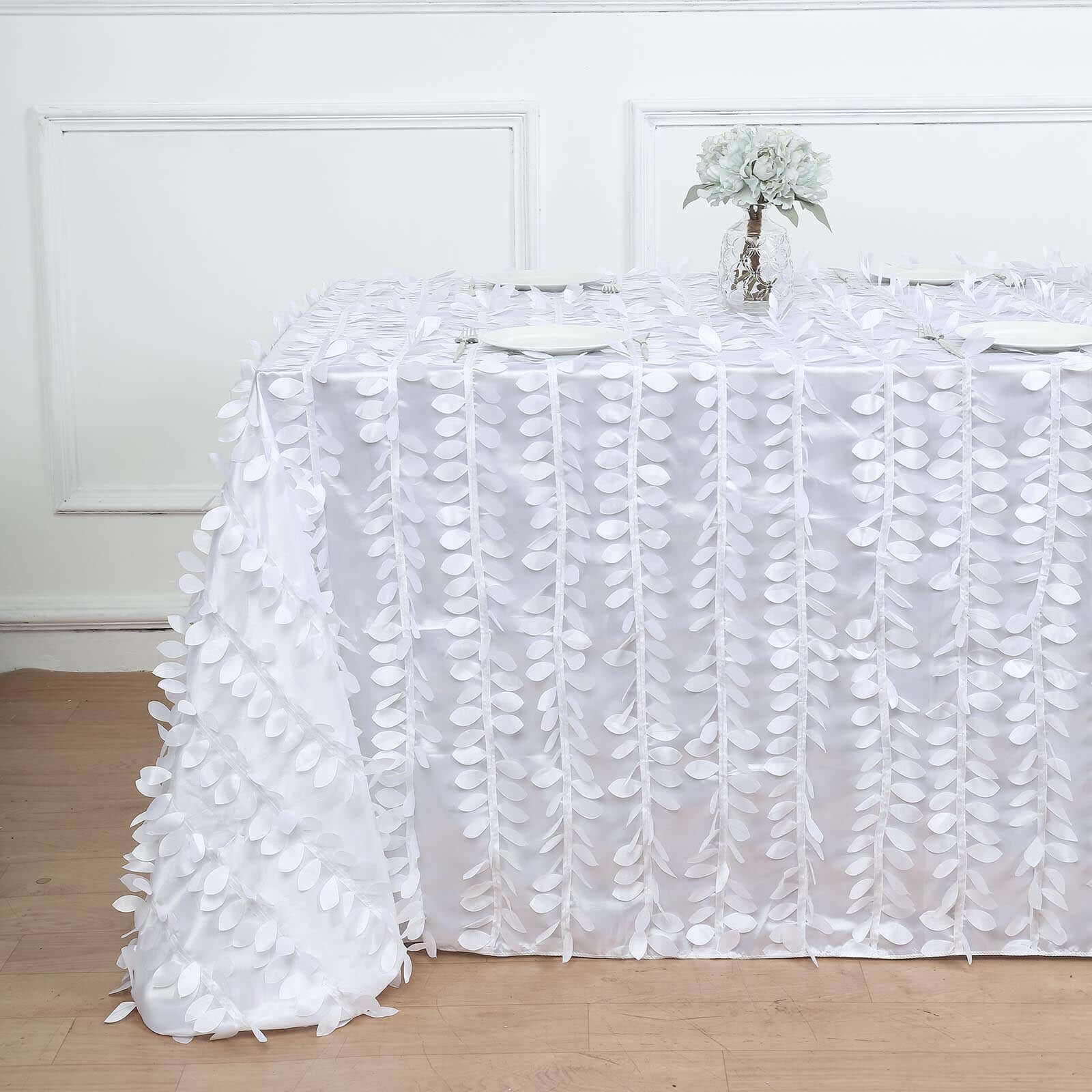 White Taffeta Rectangle Tablecloth 90x132 | 3D Leaf Petal Design for Elegant Weddings & Events