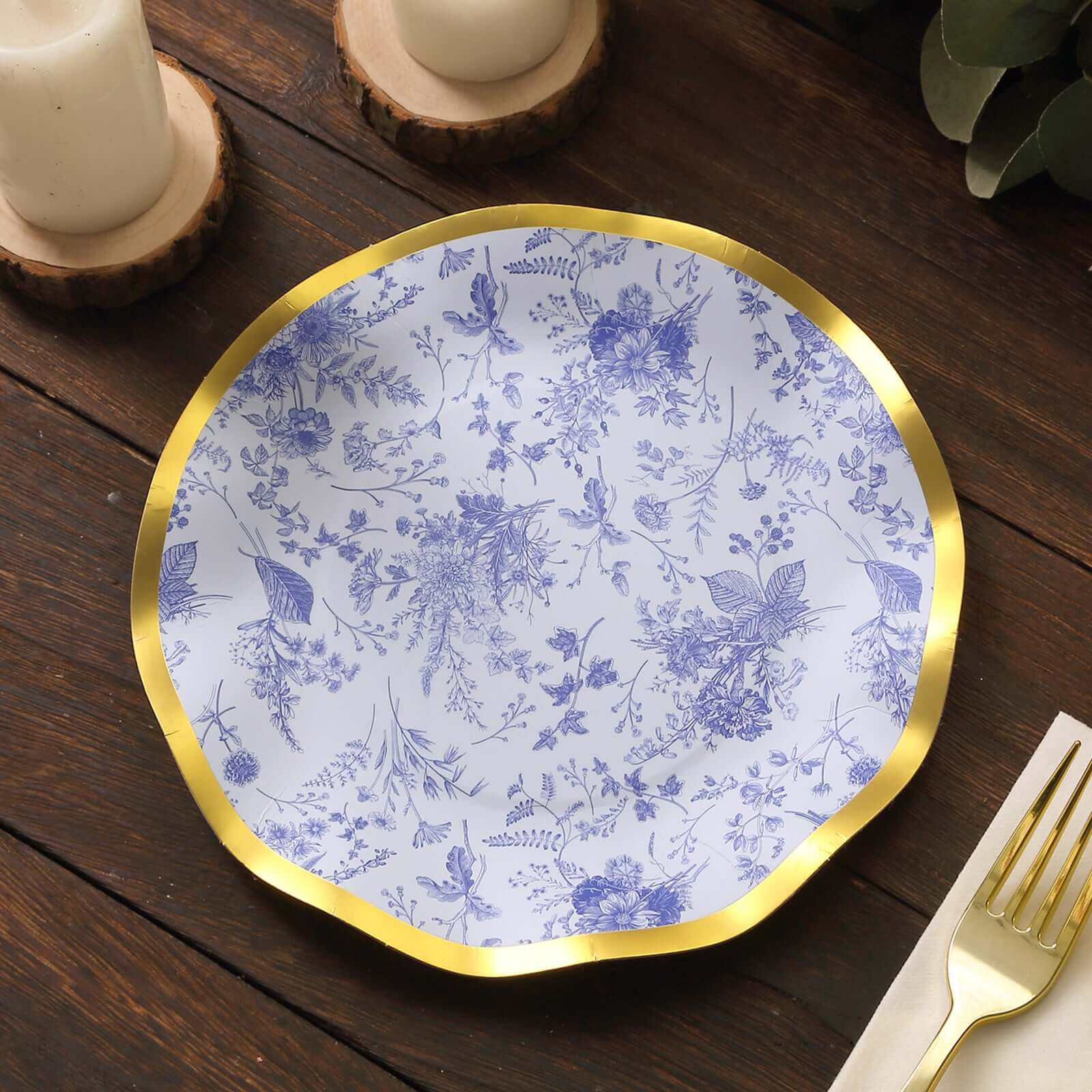 25-Pack Disposable 8-Inch Round White Salad Plates with Blue French Toile Pattern and Gold Wavy Rim - High-Quality Deal