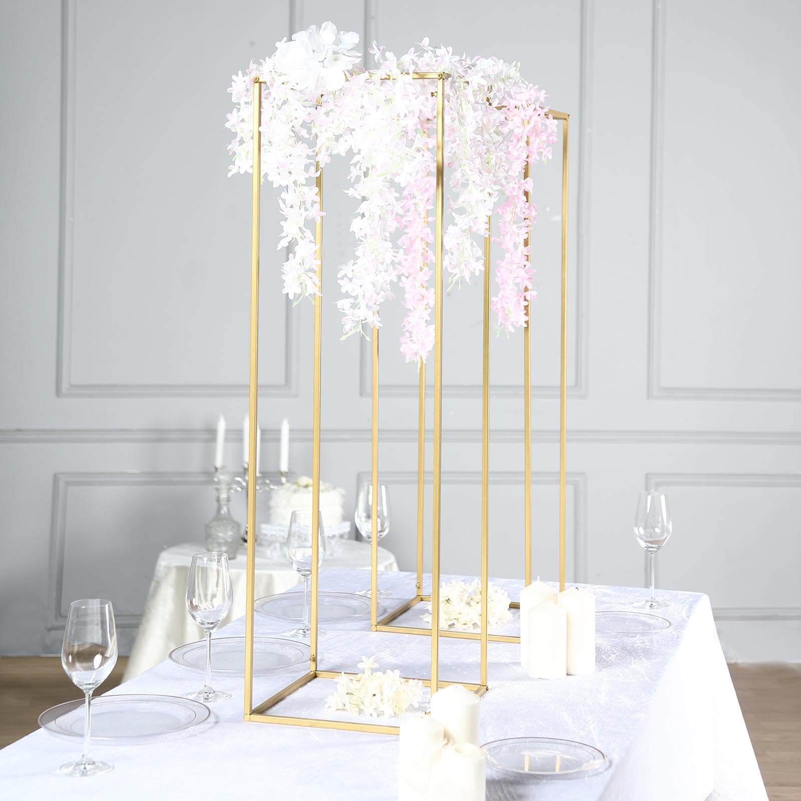 2-Pack Matte Gold Metal Rectangular Geometric Column Flower Stand for Elegant Arrangements