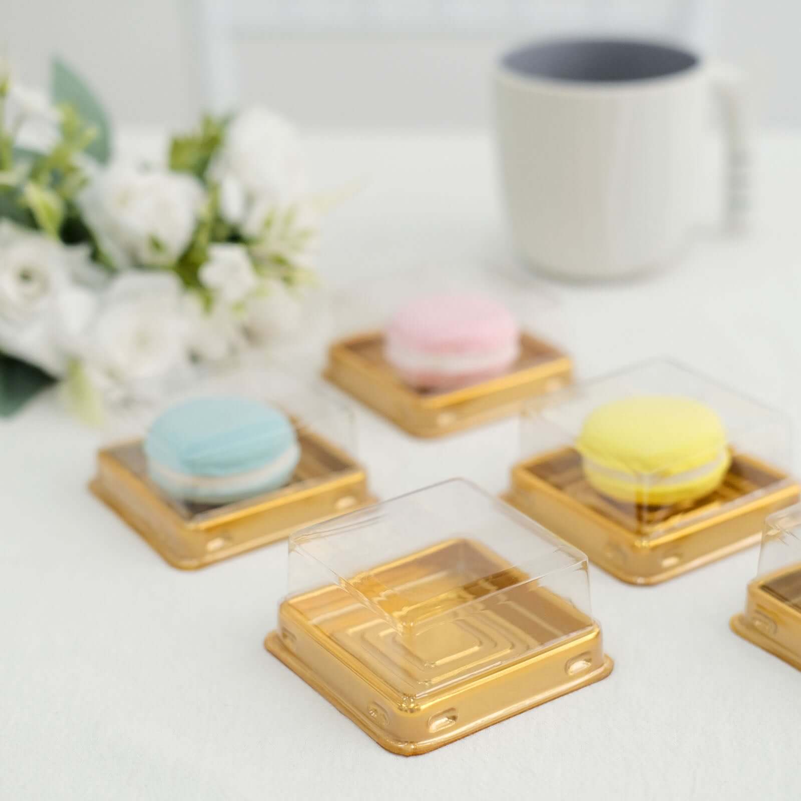 Hot Deal! 50-Pack Plastic Square Party Favor Containers in Gold and Clear for Cupcakes and Desserts