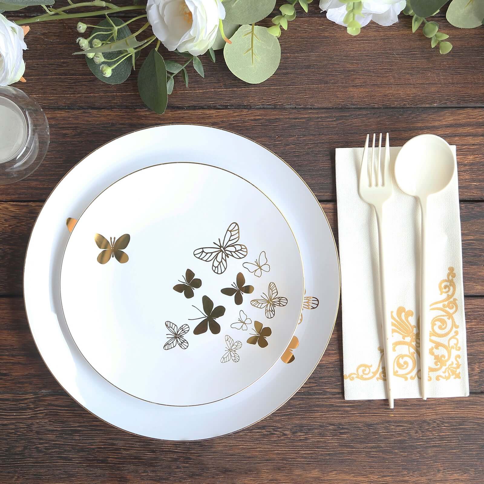 Get 20-Piece White Plastic Dinner & Salad Plates with Gold Butterfly Design & Rim - Ideal for Buffets & Events